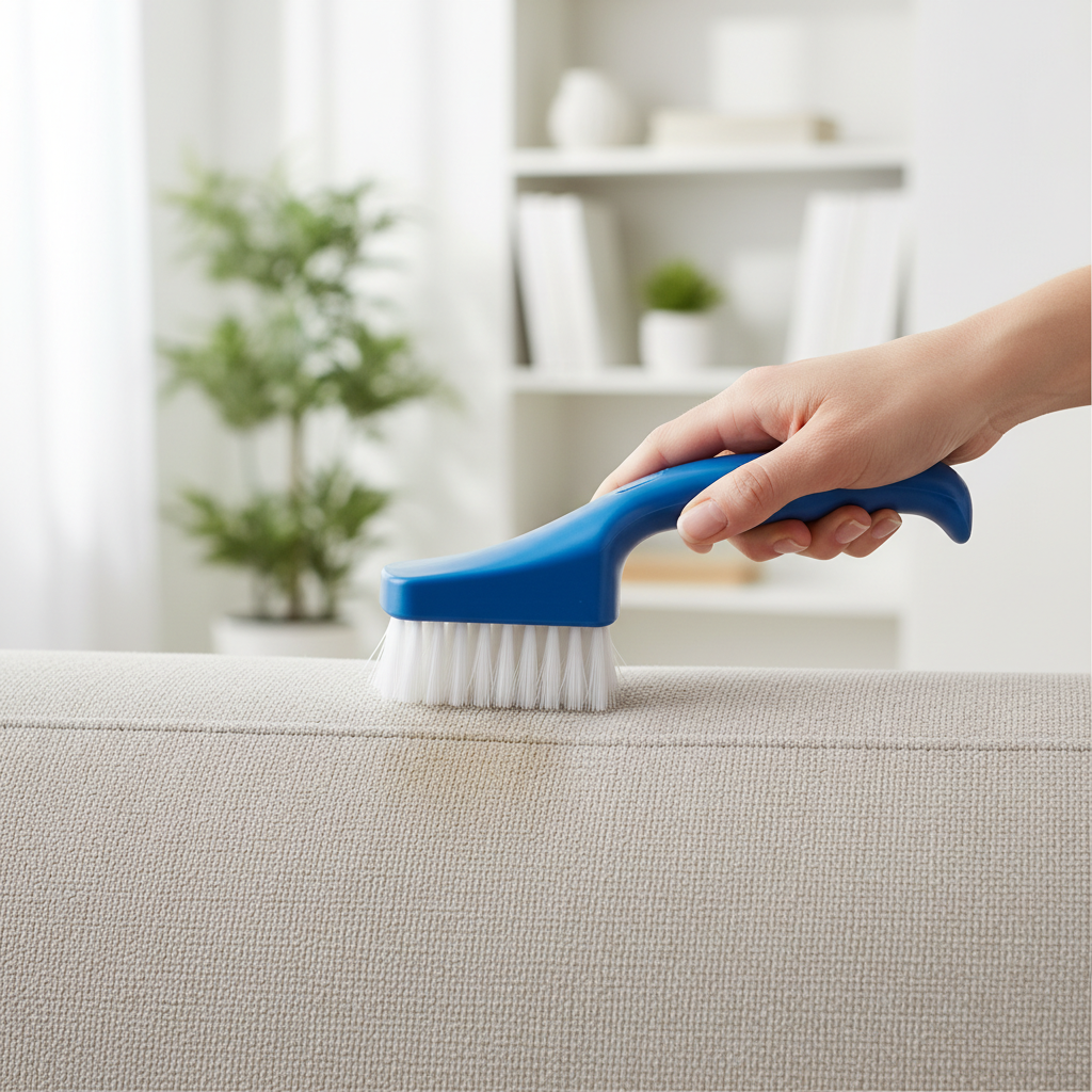 A professional, well-lit photograph showing a hand holding the Dr. Beckmann Teppich Fleckenbürste. The brush is actively scrubbing a small, subtle stain on a beige or grey fabric sofa cushion. The focus is on the ergonomic handle and the bristles making contact with the textile fibers. A slight visual implication of the stain fading or being lifted from the fabric is present, demonstrating effectiveness. The background should be a modern, clean living room setting, slightly out of focus to keep the emphasis on the cleaning action and the product.