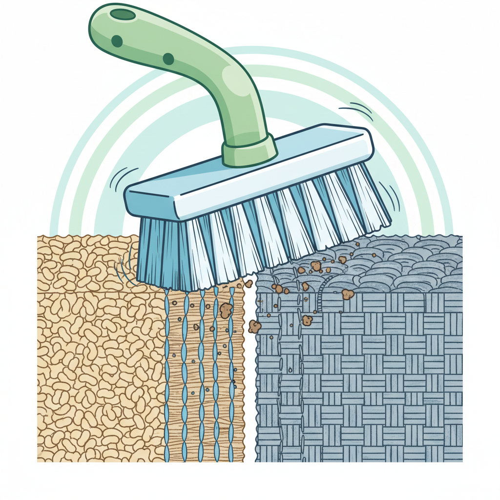 A clean, detailed vector illustration in an infographic style, depicting a cross-section view of the Dr. Beckmann Teppich Fleckenbürste. Show its robust bristles gently but firmly pushing into the woven fibers of two different textile swatches: one representing carpet and one representing sofa upholstery. The illustration should visually communicate the bristles' ability to penetrate deep and lift dirt particles from within the fabric, perhaps with tiny stylized 'dirt' particles being dislodged from the fibers. The colors should be bright and appealing, emphasizing the cleaning process.