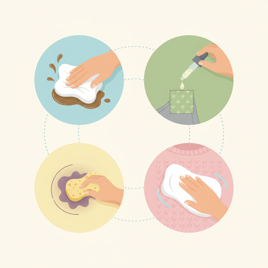 A series of small, interconnected vignettes within a single, cohesive flat illustration, visually representing key stain removal strategies. One vignette shows a hand quickly dabbing a fresh spill with a clean cloth. Another depicts a hand testing a cleaning solution on an inconspicuous fabric swatch. A third shows a sponge gently moving from the outer edge of a stain towards its center. A final vignette emphasizes a soft, non-abrasive approach to cleaning. The overall composition should be clean and clear, using a soft, inviting color palette, emphasizing effective yet gentle techniques without depicting any specific cleaning products. The style should be infographic-like, easy to understand at a glance.
