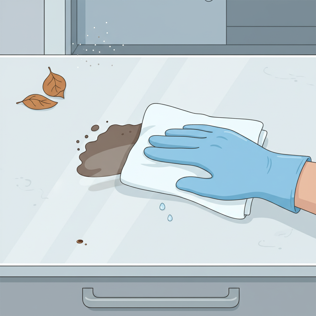 A close-up, top-down view of a pristine, modern home surface (e.g., light stone floor or kitchen counter) with a small, recently made dirt stain (e.g., a smear of mud or dark soil). A clean, gloved hand gently wipes the stain away with a damp, soft cloth, showing the surface becoming perfectly clean. Surrounding elements subtly hint at other potential dirt sources like a few scattered dry leaves, a faint oil spot on a nearby metal edge, or a tiny dust cloud. The emphasis is on effective, gentle removal. Flat illustration with clean lines and a soft, professional color palette, conveying cleanliness and ease.