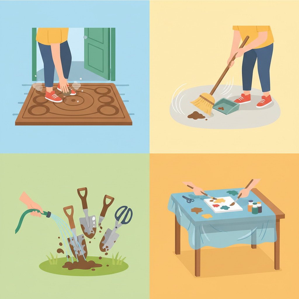 A vibrant, multi-scene infographic-style illustration showcasing various dirt prevention strategies. The image is divided into distinct sections. One section shows a person wiping their feet on a large, effective doormat at an entrance. Another section depicts a clean, simple broom sweeping up dust from a floor. A third section illustrates garden tools being hosed down and cleaned after use. The final section features a protective sheet or newspaper laid out neatly, shielding a surface during a messy activity. Bright, inviting flat illustration with clear, easy-to-understand visual metaphors.