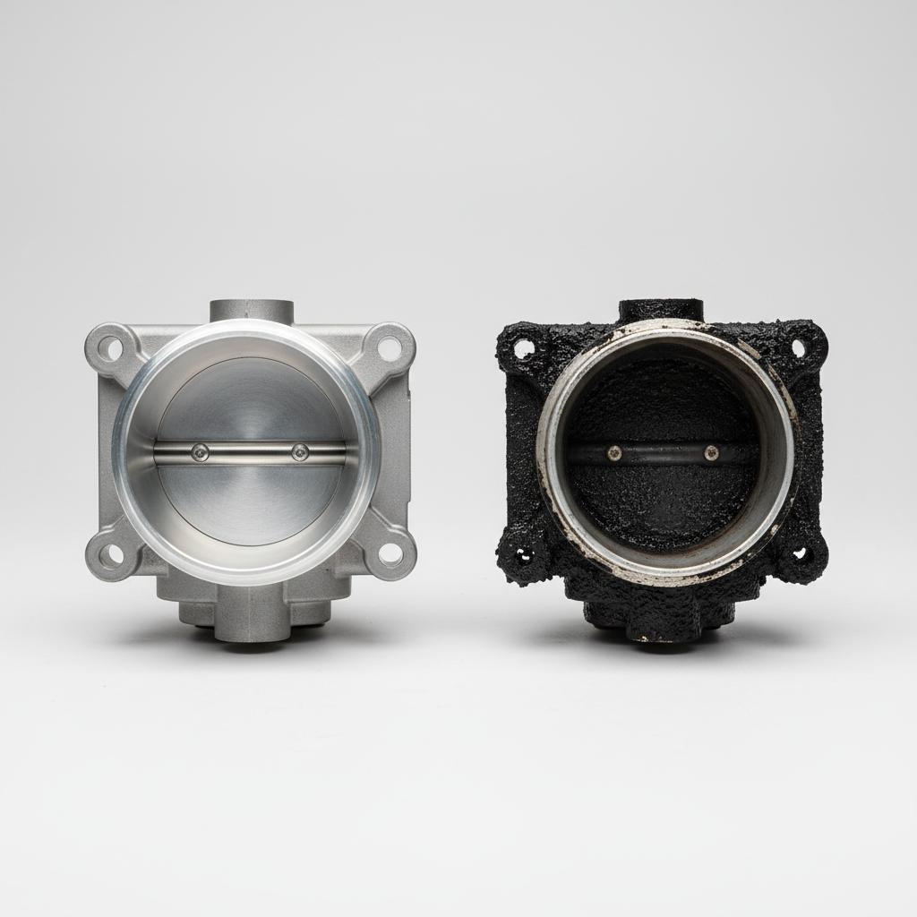 A professional studio photograph featuring a stark side-by-side comparison of two identical automotive throttle bodies. On the left, a pristine, shiny metallic throttle body with its butterfly valve wide open, demonstrating perfect cleanliness. On the right, the same throttle body is heavily encrusted with thick, dark, oily carbon deposits and grime, particularly around the butterfly valve and inside the housing, illustrating severe blockage and restricted airflow. The background is clean and neutral, emphasizing the components.