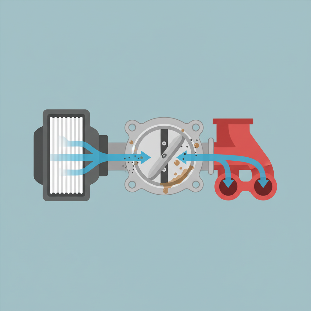 A clean and modern flat illustration depicting a simplified cross-section of a car engine's air intake system. The image should clearly highlight the throttle body positioned between the air filter and the engine intake manifold. Stylized blue arrows indicate the path of clean air flowing from the air filter, through the open throttle body, and into the engine. Subtly, small grey or black particles and oil droplets are shown accumulating around the throttle body's butterfly valve, representing contamination over time. The overall style is infographic-like, focusing on functional clarity.