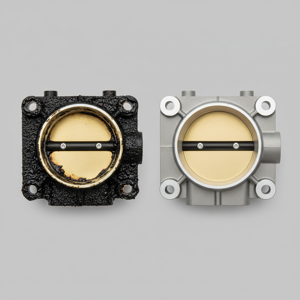 A side-by-side comparison of a vehicle's throttle body. On the left, depict a heavily soiled throttle body interior, showcasing a brass or aluminum butterfly valve and the surrounding housing caked with thick, dark, oily carbon and soot deposits. The texture should appear gummy and uneven. On the right, show the identical throttle body component, but now sparkling clean. The metallic surfaces of the butterfly valve and housing should be bright and reflective, completely free of any residue. Use a professional, highly detailed photo realism style with strong focus on the mechanical parts, set against a clean, neutral background.