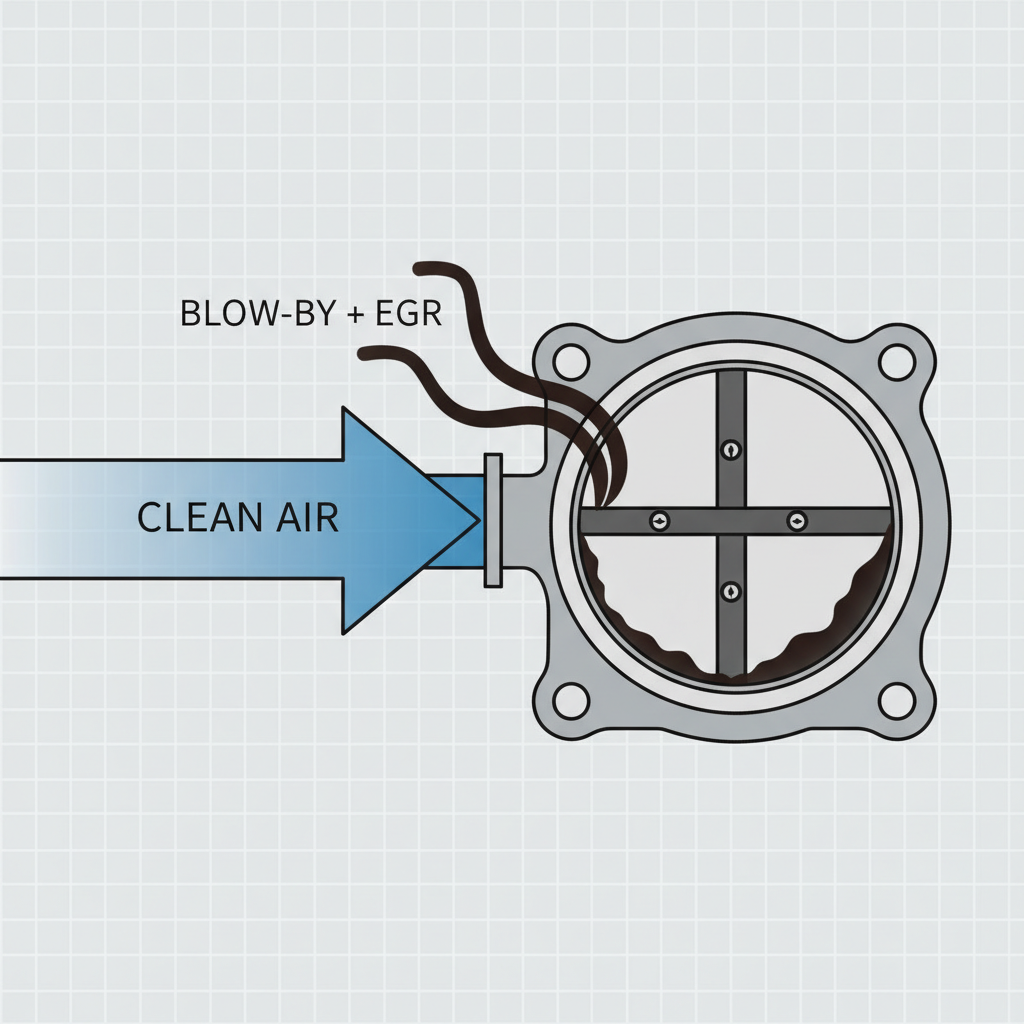 A clear, modern technical illustration depicting a simplified cross-section of a car engine's intake manifold, with a prominent focus on the throttle body. Show an arrow representing clean air entering the intake. Then, illustrate subtle, dark, oily particulate streams (representing blow-by gases and EGR) entering the intake system just before or around the throttle body. Visually depict these contaminants accumulating as a thin, sticky layer on the edges of the throttle butterfly valve and the inner walls of the housing. Use an infographic style with a clean, schematic aesthetic, emphasizing the flow and the buildup process.