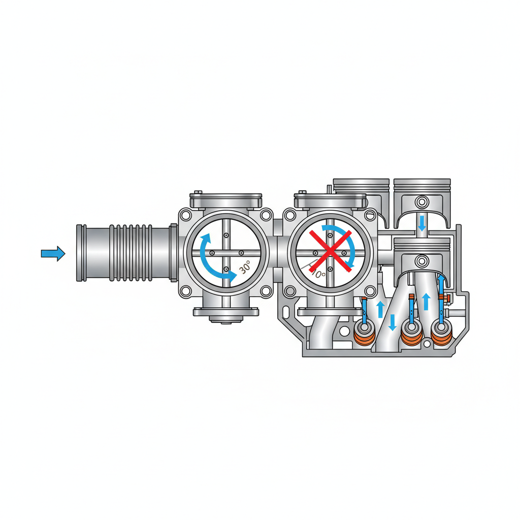 A detailed cutaway diagram of a car engine's air intake system, specifically highlighting the throttle body's position within the air intake manifold. The illustration should show the path of air flowing from an unseen air filter, through the throttle body, and into the engine cylinders. The throttle body should be prominently featured as a crucial, valve-like component. One side of the internal flap is slightly open, while the other side shows it more closed, visually representing its air-regulating function. Use a clean, technical diagram style with precise lines and a focus on mechanical detail.