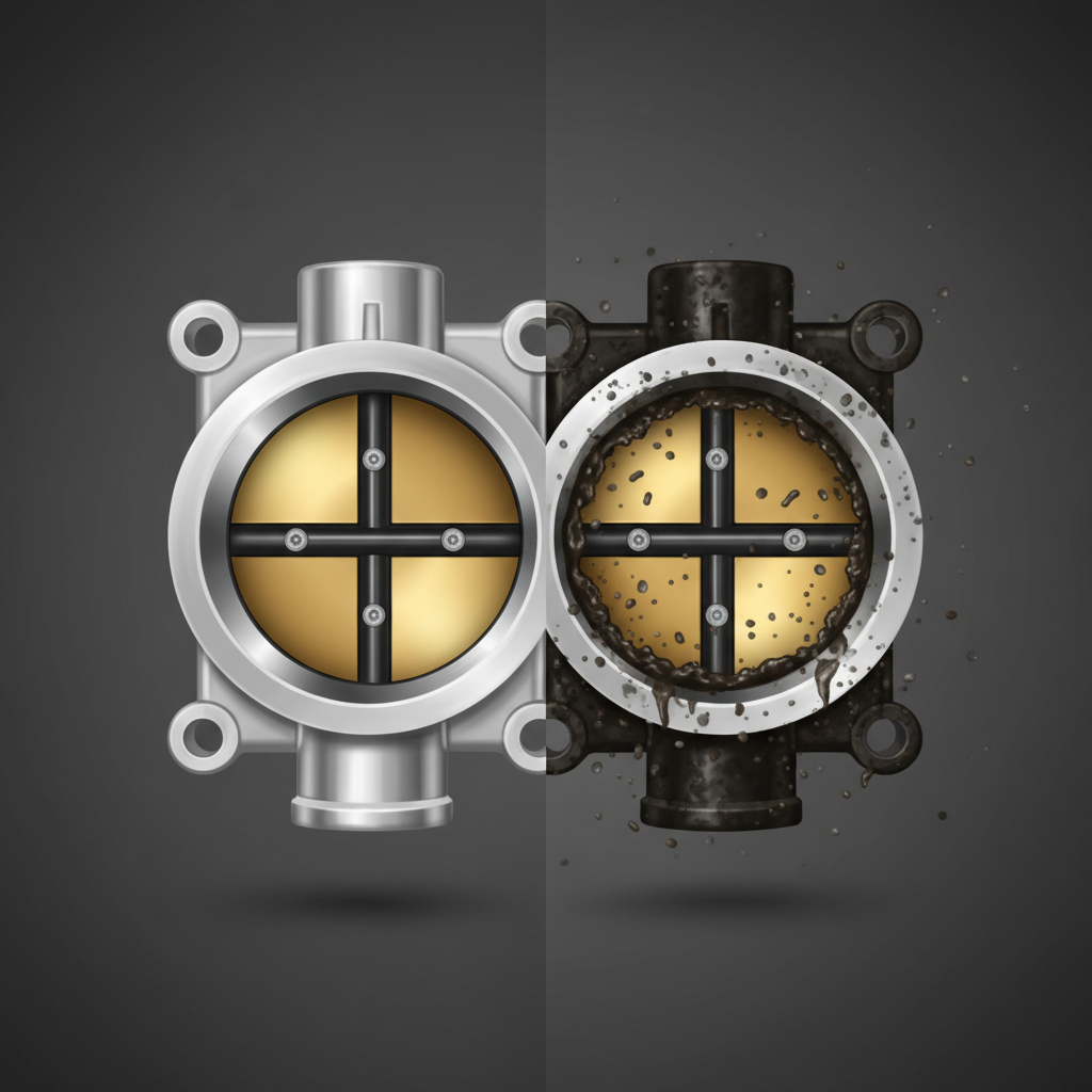 A split-screen or side-by-side comparison illustration depicting a throttle body in two states. On the left, a meticulously clean and shiny throttle body is shown, with smooth internal surfaces and a perfectly fitting, unblemished flap. On the right, the exact same throttle body is heavily encrusted with thick, dark, and oily carbon deposits, especially around the edges of the flap and the inner walls, clearly obstructing the air passage. Small, semi-transparent particles representing oil vapors and soot should be visibly clinging and accumulating on the dirty throttle body, highlighting the cause of the buildup. Use a realistic yet stylized illustration with strong contrast.