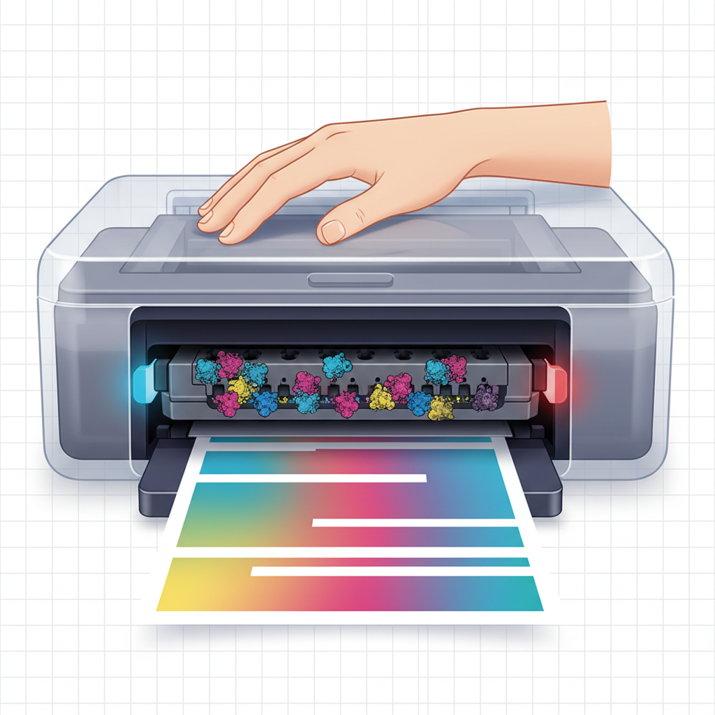 A detailed cutaway or translucent illustration of an inkjet printer, focusing on the print head mechanism. Multiple tiny nozzles within the print head are visibly clogged with solidified, colorful ink particles. A sheet of paper is partially emerging from the printer, displaying distinct, horizontal white streaks and faded, incomplete colors, indicating poor print quality. In the foreground, a human hand gently rests on the printer's top, conveying a sense of frustration or deep thought. The overall style should be a modern, technical illustration with subtle internal glows, highlighting the problematic areas and their effect on the print output.