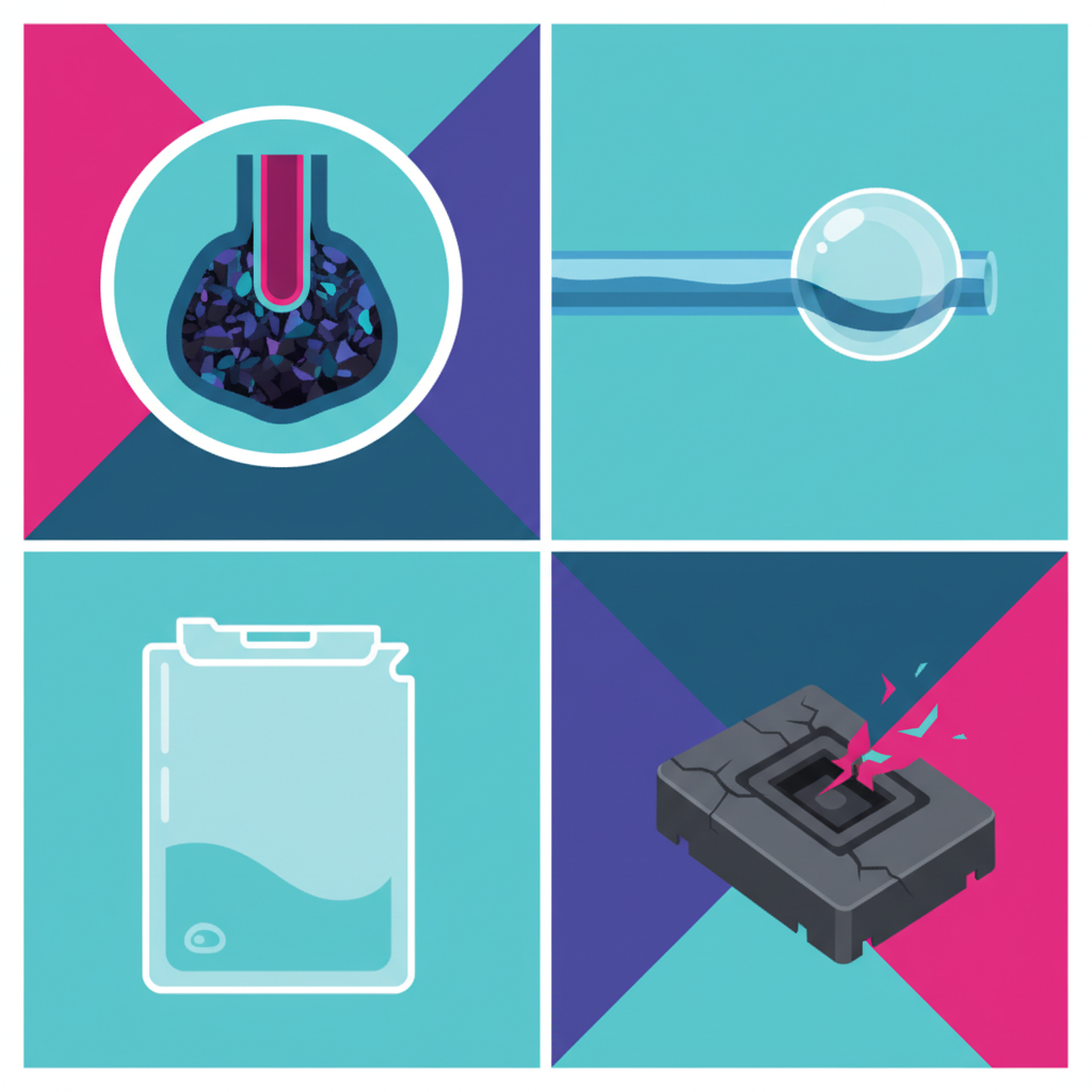 A vibrant, infographic-style illustration depicting various common reasons why print head cleaning might fail. The composition features several distinct elements: a magnified cross-section of a printer nozzle with severe blockage from crusty, dried ink; a segment of a translucent ink tube clearly showing a large air bubble obstructing the flow; an almost empty, translucent ink cartridge with only a tiny amount of ink visible; and a small, damaged print head component with visible cracks or chips. The aesthetic is clean, flat, and uses distinct, easy-to-understand visual metaphors for each troubleshooting problem.