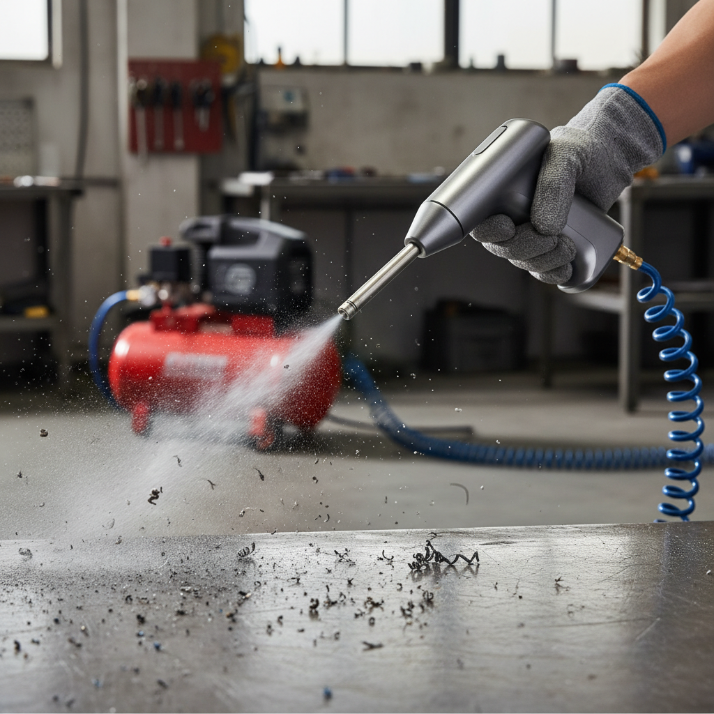 A professional photo capturing a close-up of a workshop environment. A gloved hand is holding a modern compressed air cleaner (Blaspistole), directing a powerful stream of compressed air towards a metal workbench covered in fine dust and small metal shavings. The air stream is visibly dislodging and blowing away the debris, creating a dynamic sense of action. In the background, slightly out of focus, a robust air compressor and part of its coiled hose are visible, connecting to the cleaning tool. The scene should convey efficiency and effective cleaning.