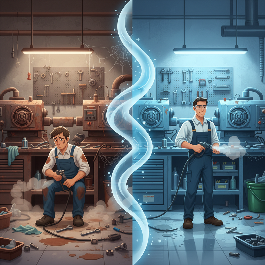 A compelling flat illustration depicting the stark contrast between a dusty, inefficient workshop and a clean, productive one. On one side, machinery is covered in grime, tools are scattered, and a technician appears overwhelmed by the mess. On the other side, the same workshop area is spotless, surfaces gleam, tools are neatly organized, and a technician works with focus and ease. A subtle visual element, like an invisible 'wave' or 'force' representing the cleaning power, divides the two scenes, symbolizing the transformation brought by compressed air cleaning.