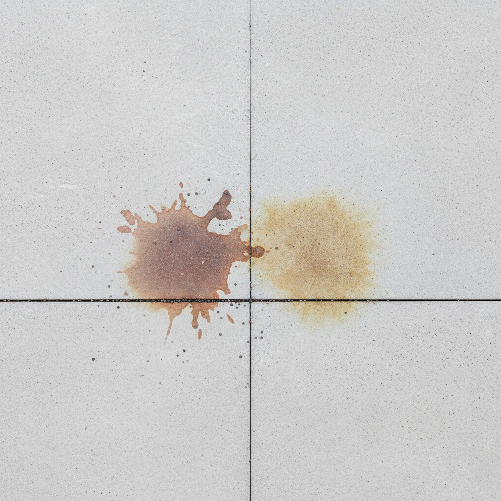 A professional, high-angle close-up photograph of a modern outdoor terrace floor made of light grey concrete slabs. Several distinct, unsightly fertilizer stains are prominently featured. One stain is a clear reddish-brown, resembling rust, while another is a more expansive yellowish-brown discoloration. The surrounding terrace surface is clean, highlighting the contrast of the stains. A few stray, small, dark fertilizer granules are scattered near the edge of one stain, subtly indicating the source. The image should evoke the problem of stubborn stains.