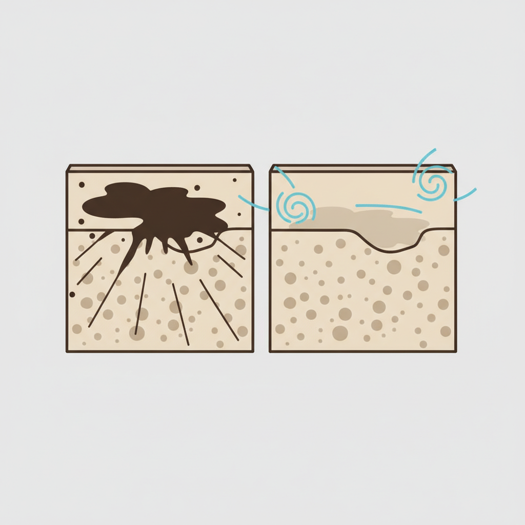 A clean and modern flat illustration depicting a conceptual cross-section of two adjacent terrace tiles. The left tile shows a visible dark fertilizer stain on its surface, with subtle lines indicating the stain has penetrated into the tile's porous material. The right tile, representing the 'after' state, shows the same tile material, but the deep stain is now visibly lifted and significantly diminished or gone, leaving a much cleaner surface. A simplified, generic cleaning action (e.g., a gentle swirl or subtle bubbles) could be shown near the surface of the right tile, without specific tools.