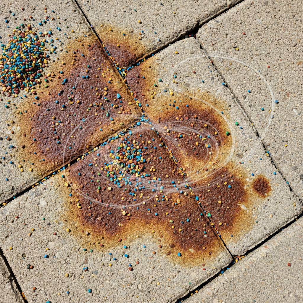 A top-down or slightly angled view of a light-colored, textured patio surface. Scattered across the patio are small, colorful granules of fertilizer, with distinct, brownish or reddish stains clearly visible, appearing to emanate from the granules and soak into the patio material. Visual elements subtly hint at the causes: a small, freshly spilled pile of granules, an abstract symbol of wind (like subtle, transparent air currents) pushing a few granules, and a slight wet sheen on some areas indicating moisture interaction. The overall style should be a realistic, high-quality professional photo with natural lighting, emphasizing the unsightly impact of the stains.