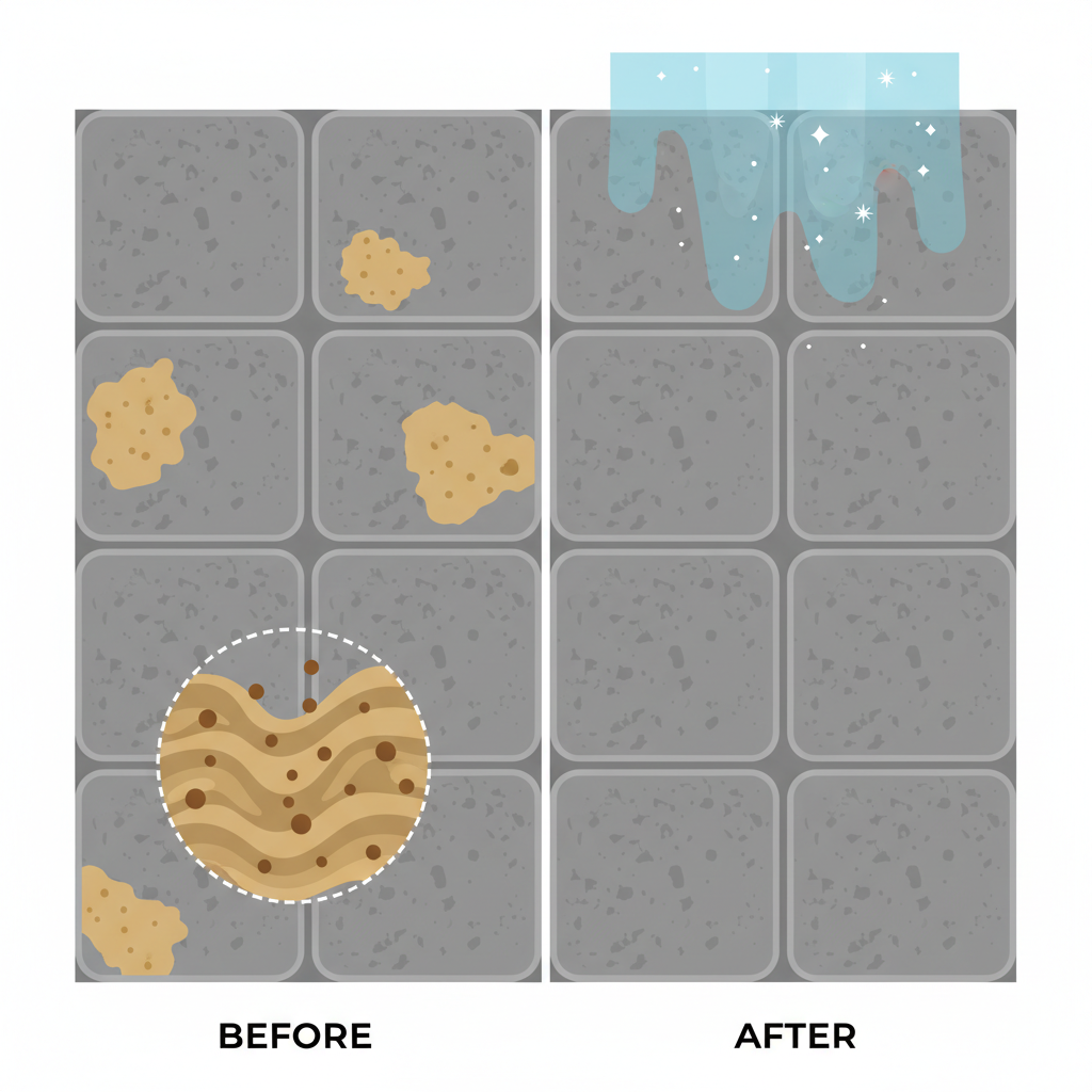 A split-screen or 'before and after' flat illustration depicting a common patio material, such as grey concrete pavers. On the left side, a section of the patio shows several prominent, yellowish-brown fertilizer stains. An abstract, simplified diagram within this 'before' section illustrates tiny particles deeply embedded within the textured surface of the paver. On the right side, the exact same patio section is now pristine and clean, completely free of stains. Above the clean section, a stylized, implied cleaning action like a gentle water rinse or a subtle protective layer is shown, demonstrating resolution without direct tools. The style should be clean, modern flat illustration with clear, contrasting colors and a focus on visual clarity.