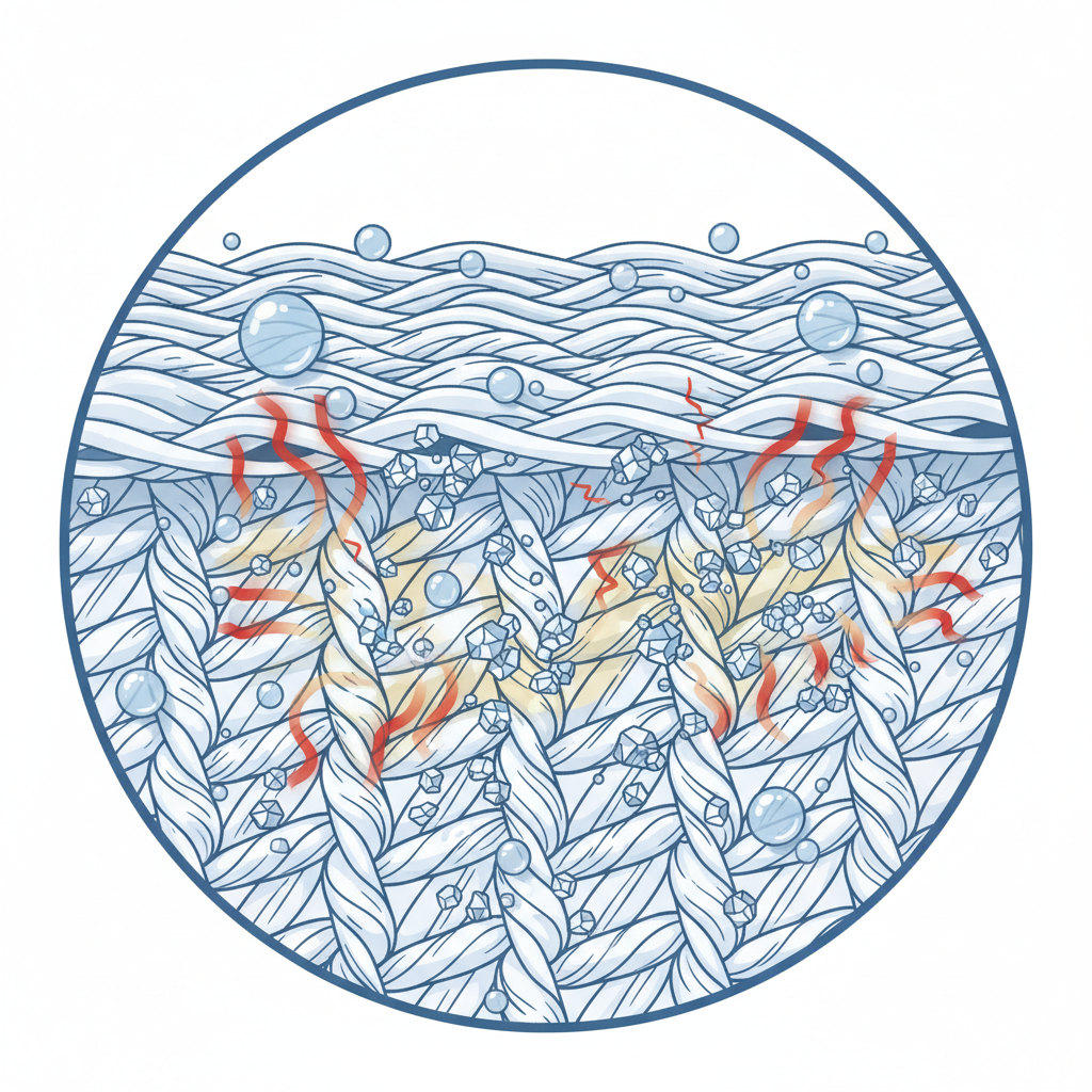 A detailed scientific illustration in a clean, infographic style. Focus on a magnified cross-section of a fabric weave from a t-shirt's underarm area. Show sweat droplets and microscopic particles representing deodorant residue, specifically aluminum salts, embedded within the fabric fibers. Illustrate a subtle chemical reaction occurring, causing a visible but light yellowish-brown discoloration spreading through the threads. Include abstract visual cues for friction and heat contributing to the embedding process. The overall visual should clearly explain the core interaction leading to the stains.