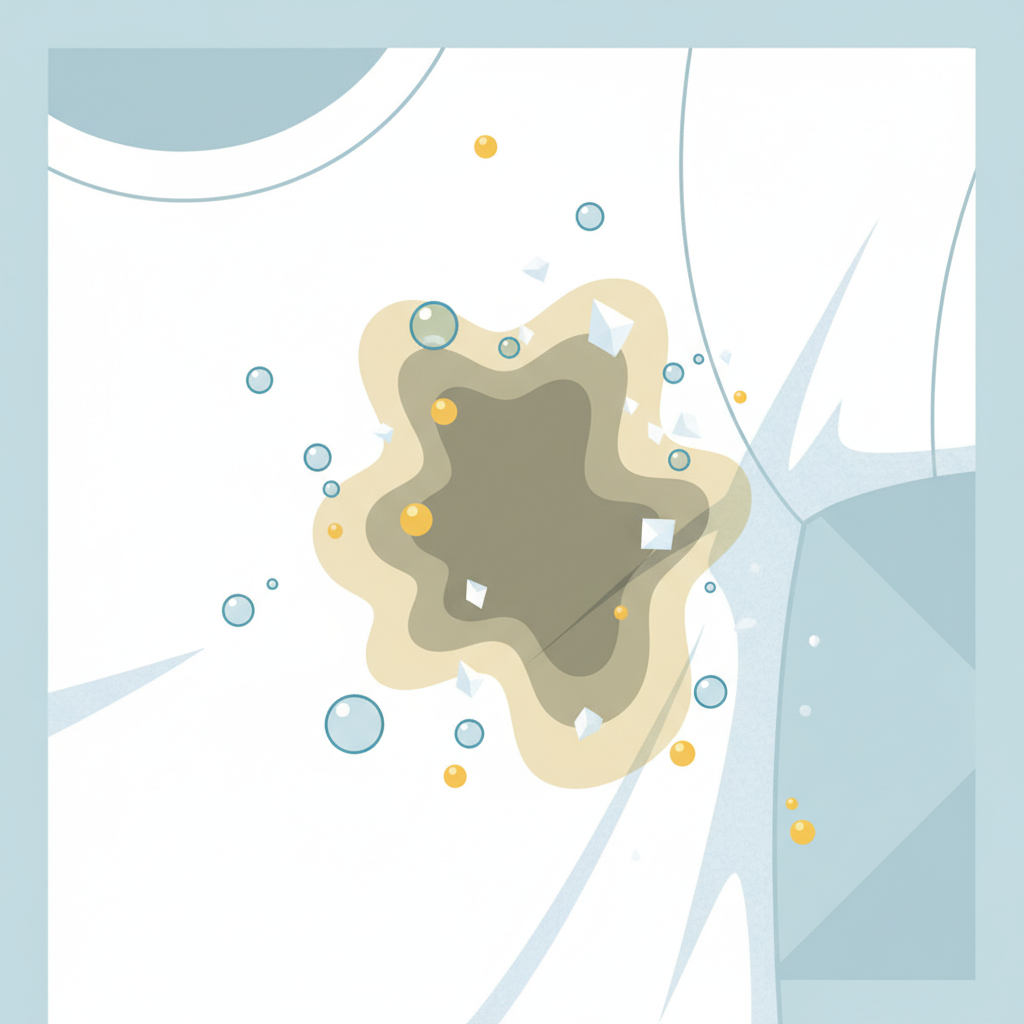 A close-up, stylized infographic illustration of a white t-shirt's armpit area, revealing a prominent dark yellow-grey stain. Around the stain, abstract visual elements represent the contributing factors: microscopic sweat droplets, white crystalline deodorant residue, and tiny oil globules subtly interacting with and embedding into the visible fabric fibers. The overall composition should be clean and slightly scientific, highlighting the core problem and its microscopic causes in a modern, professional flat illustration style, suitable for a blog article.