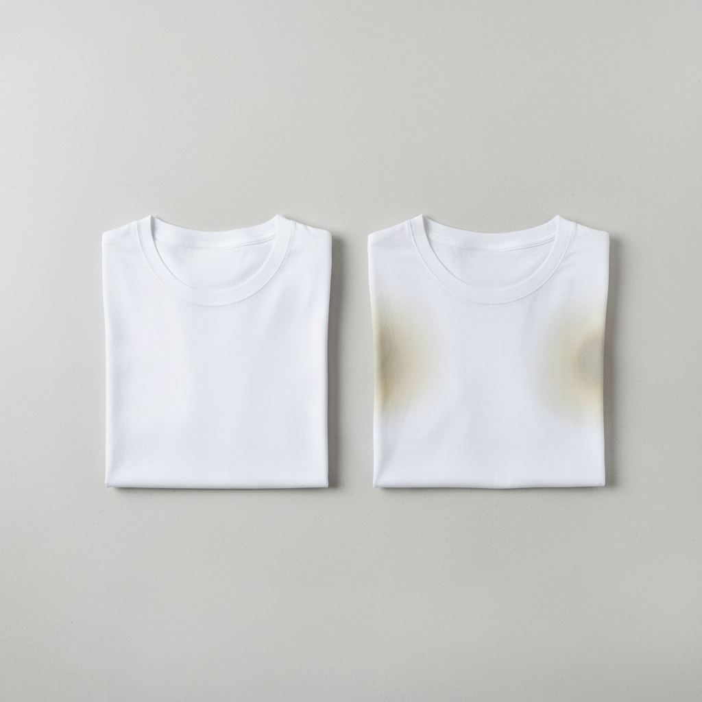 A professional product photo style image featuring two neatly folded white t-shirts placed side-by-side on a clean, light surface. One t-shirt is pristine, bright white, and utterly unblemished, symbolizing cleanliness. The adjacent t-shirt distinctly displays dark yellowish-grey stains prominently visible in its armpit areas, clearly illustrating the common problem addressed in the article. The lighting should be soft and even, emphasizing the stark contrast between the clean and stained garments.
