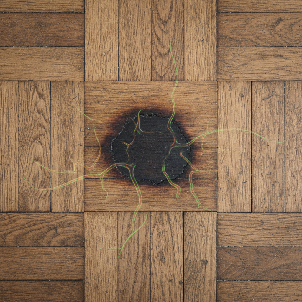 A close-up, high-angle professional photo of a section of wooden parquet flooring. In the center, a prominent, dark, circular stain is visible, clearly indicating dog urine damage. The wood around the stain should show subtle signs of discoloration or wear, emphasizing the corrosive effect. A faint, stylized visual representation could show microscopic liquid particles or acidic elements subtly permeating the wood grain from the stain's center, illustrating the penetration described in the article. The overall photo should convey realism and the challenge of a common household problem, with natural lighting.