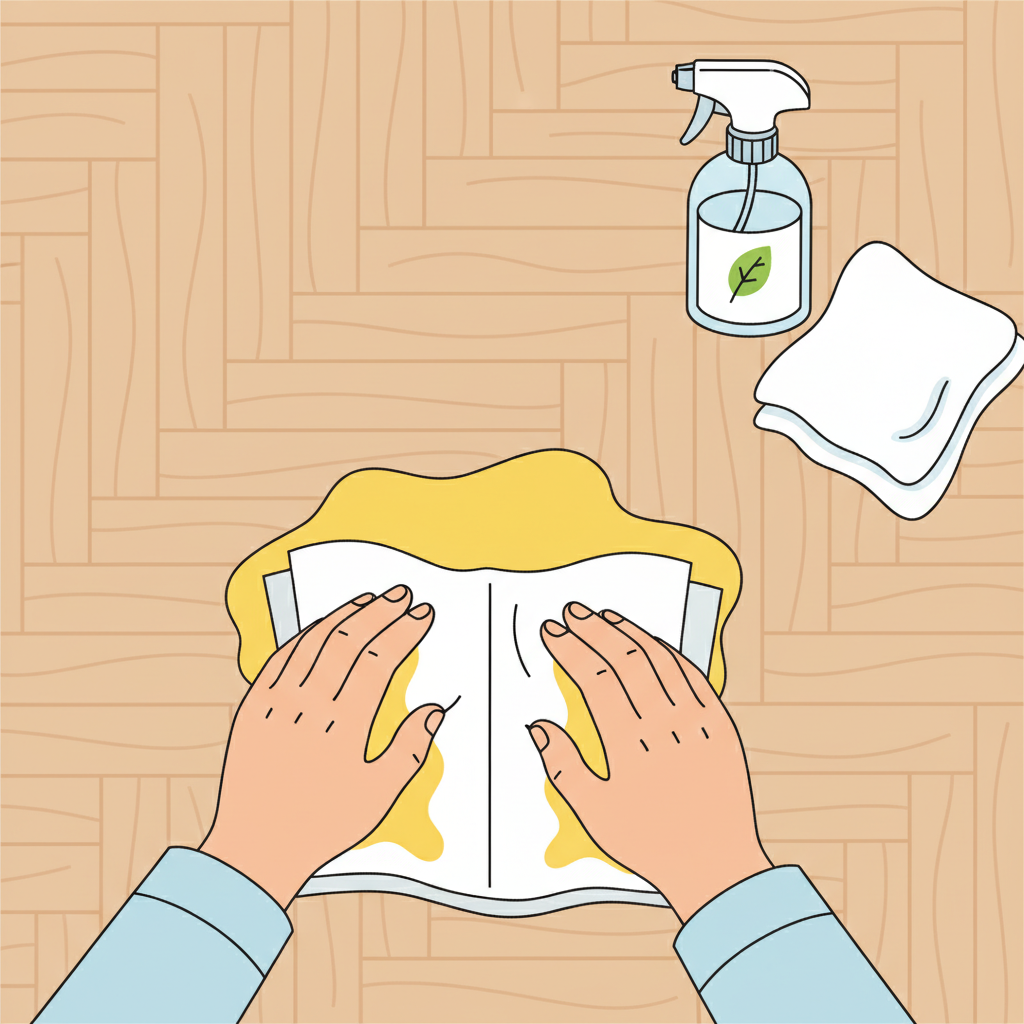 A vibrant, clean flat illustration depicting the immediate first aid steps for a fresh dog urine stain on parquet. The scene shows a section of light-colored wooden parquet with a fresh, wet puddle of yellow liquid. A person's hands, with sleeves rolled up, are gently pressing down a stack of white paper towels onto the wet spot, actively absorbing the liquid. In the background, a small spray bottle and a clean, slightly damp white cloth are placed neatly, suggesting further cleaning actions. The style is modern and minimalist, focusing on clear shapes and actions, with soft, natural colors.