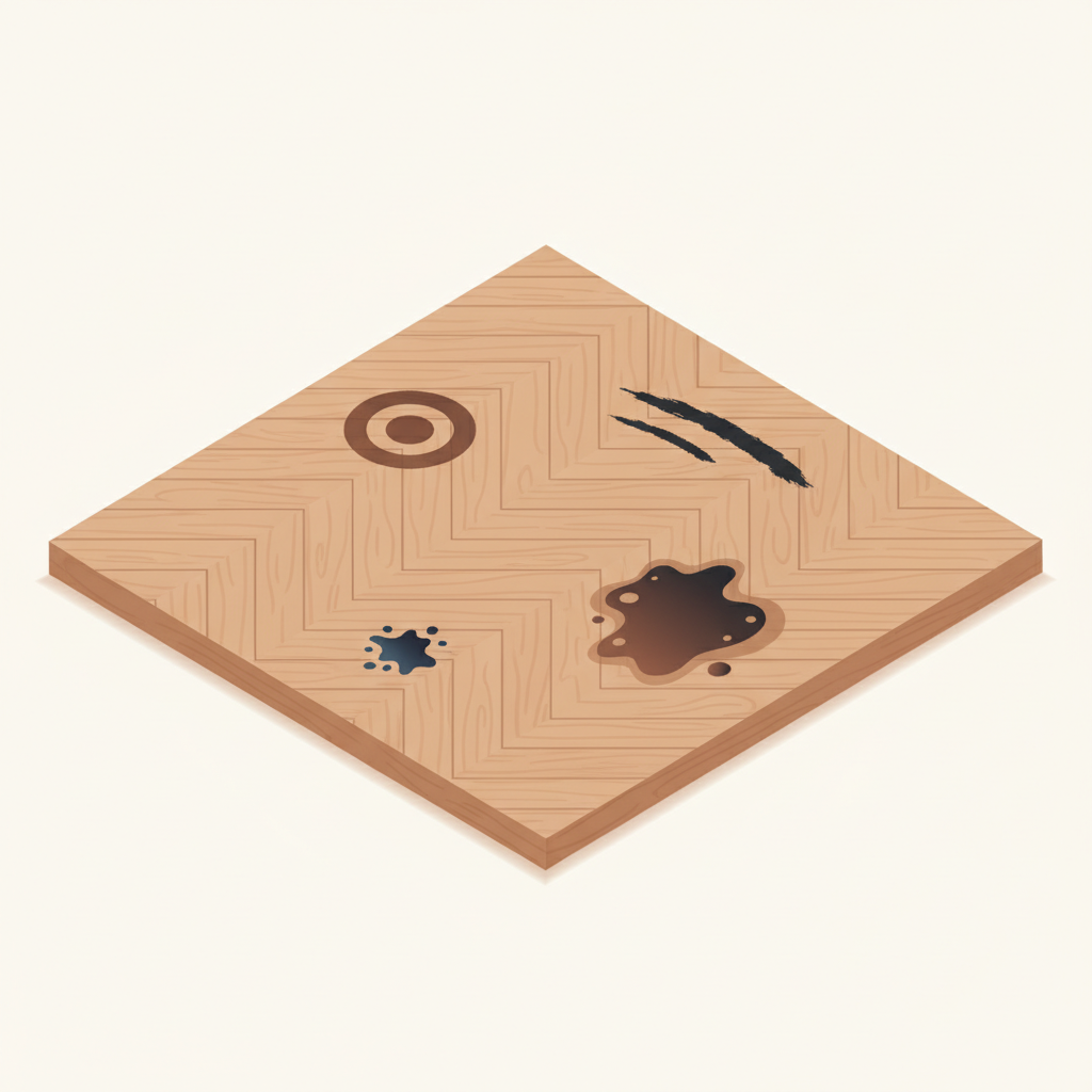 A clean, professional flat illustration or isometric rendering depicting a section of light brown parquet flooring. On the floor, several distinct dark stains are visible, each representing a common cause. Include a dark ring stain from a water glass or plant pot, a black scuff mark resembling rubber from a shoe sole, a small bluish-black spot indicating a metal/rust stain, and a more amorphous, dark spill mark suggesting a chemical reaction. The overall composition should be clear and visually categorize the different types of damage, highlighting the problem visually for the reader. Avoid any distracting elements or typography.
