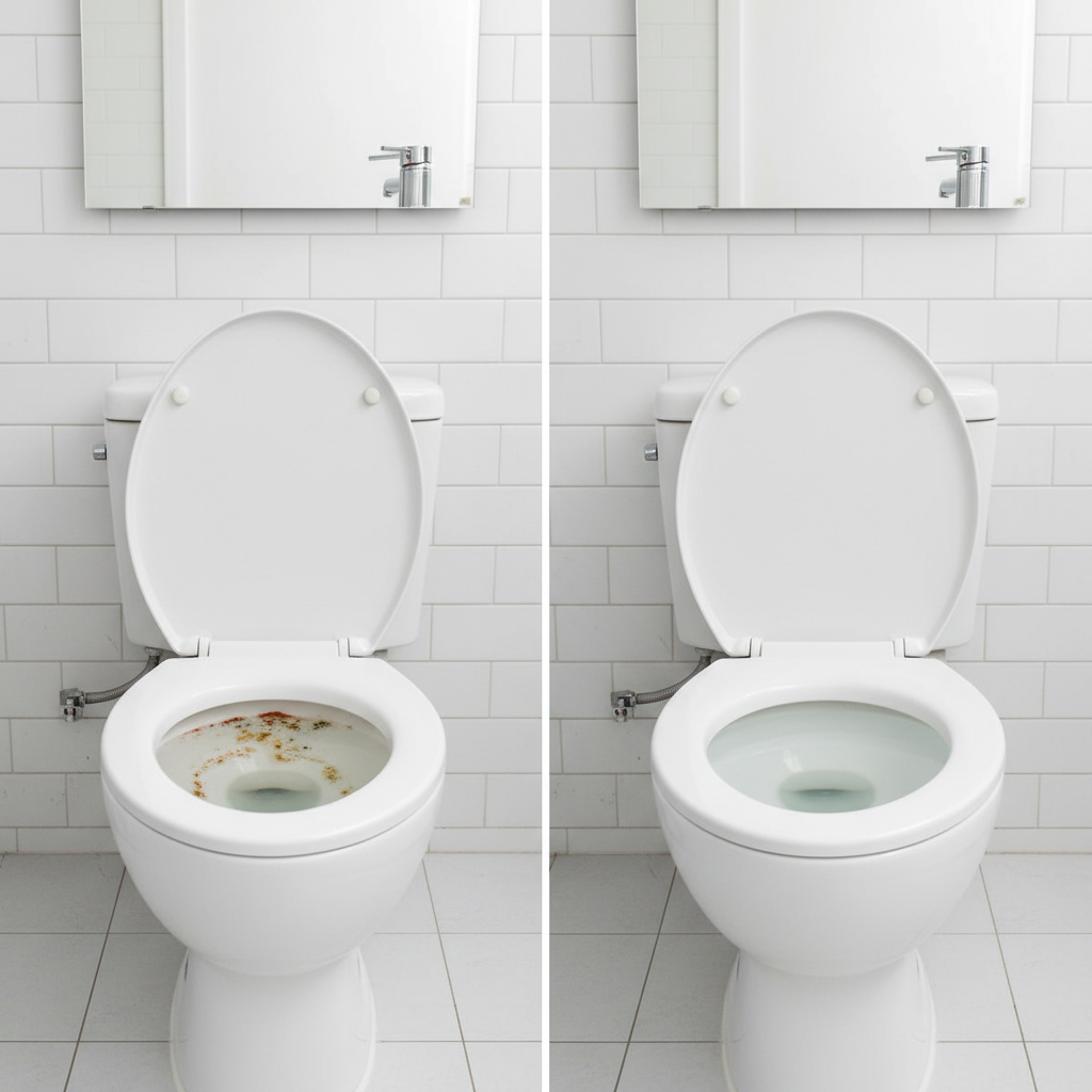 A professional side-by-side comparison image in a clean bathroom setting. On the left side, a pristine white ceramic toilet bowl with various distinct dark stains visible inside: some reddish-brown for rust, some dark greenish-black for mold, and some yellowish-brown, rough-looking deposits for urine stone/limescale. The water level is clearly visible. On the right side, the exact same toilet bowl is depicted, but now it's impeccably clean, sparkling white, with no stains whatsoever, reflecting light beautifully. The overall style should be a high-quality, realistic photo.