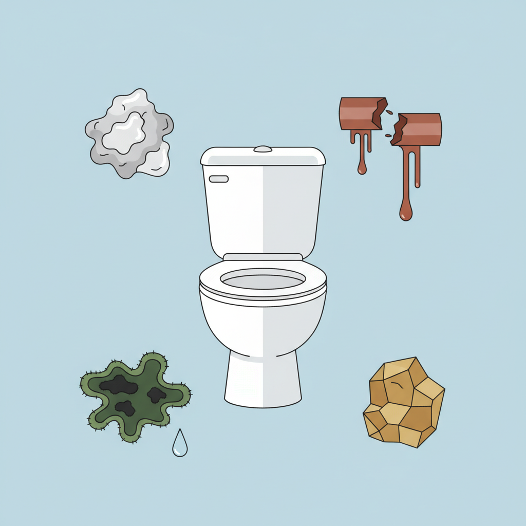 A clean, modern flat illustration depicting a toilet bowl as the central element. Around the bowl, visualize distinct sections or floating elements representing the four main causes of dark stains: mineral deposits/limescale (hard water droplets, grey/white crust); rust (reddish-brown drips from a metallic pipe fragment); mold/algae (dark green/black fuzzy patches with a drop of water); and urine scale (yellowish-brown crystalline structure). Each cause should be clearly distinguishable, showcasing its characteristic appearance and origin without any text overlays. The overall aesthetic should be informative and visually appealing for a blog.