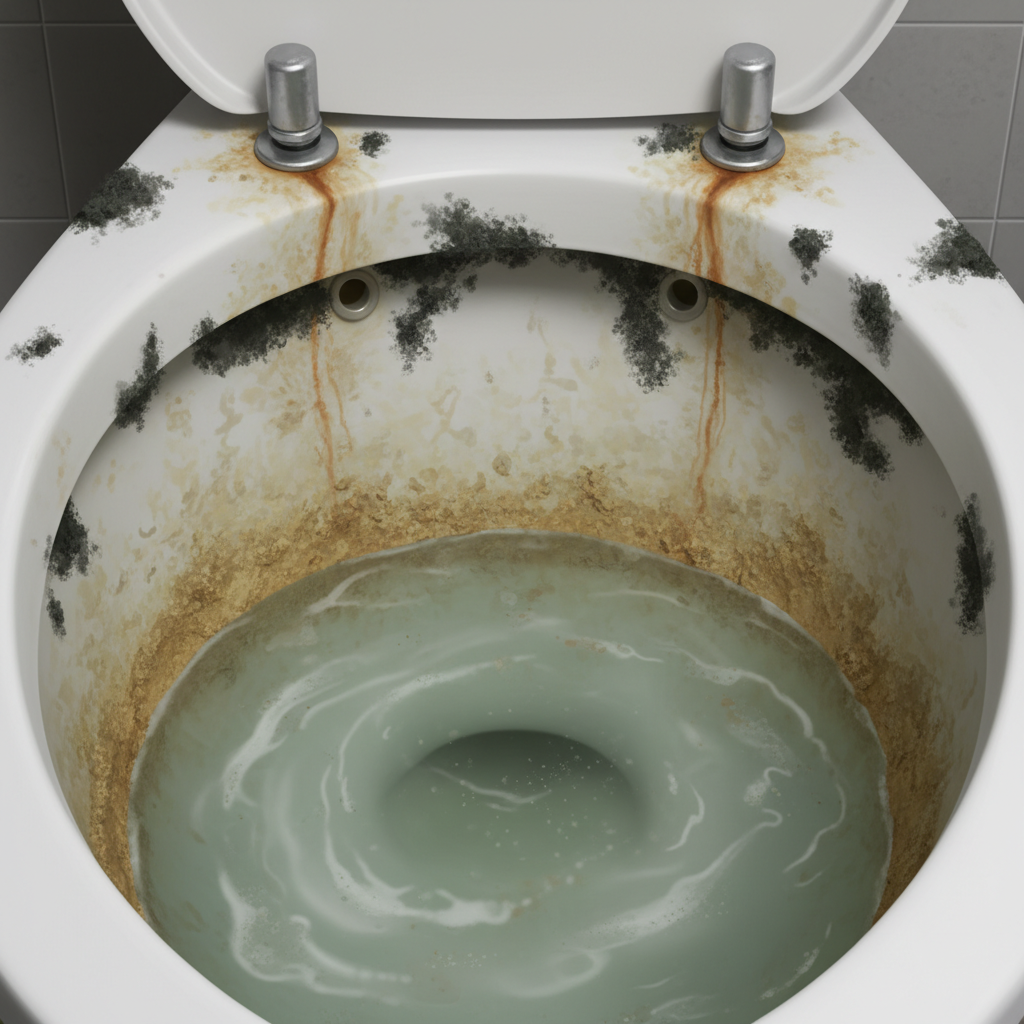 A detailed, realistic illustration showcasing the interior of a toilet bowl heavily affected by various dark stains. The image should prominently feature yellowish-brown urine scale under the waterline, reddish-brown rust streaks emanating from metal components, and dark greyish-black mineral deposits or limescale encrusting the inner rim and sides. Patches of dark green or black mold/algae should also be visible in damp areas, particularly under the rim. The water in the bowl should appear slightly murky. The overall image should clearly depict the visual problem of stubborn, unappealing toilet stains from multiple origins.