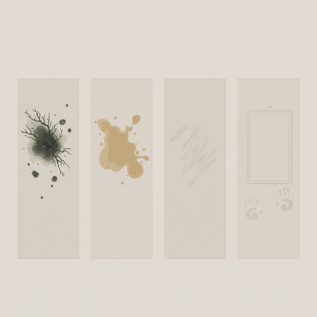 A clean, minimalist wall surface in a light neutral color. The wall is conceptually divided into several distinct zones, each illustrating a different common cause of dark spots. One section shows a cluster of dark green and black mold growth, with subtle hints of dampness. Another area features a yellowish-brown stain, typical of nicotine or smoke residue. A third part displays faint, greyish smudges suggesting soot. Finally, a subtle, darker outline indicates a shadow where a picture frame once hung, or faint handprints from frequent touching. The overall style is a clean, modern flat illustration with soft, professional lighting.