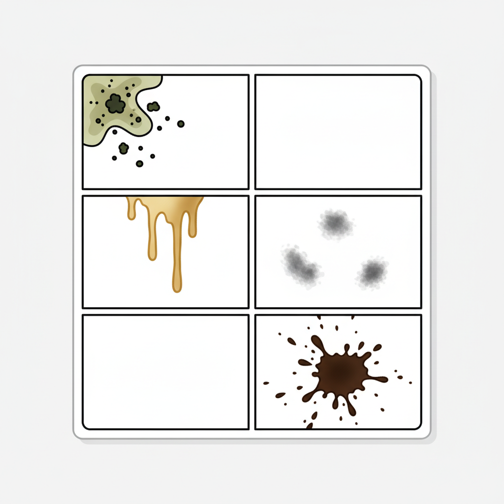 A brightly lit, clean wall panel, vertically divided into 4-5 distinct sections. Each section displays a different common dark wall stain in a stylized manner: greenish-black mold spores clustered in a damp corner, a yellowish-brown nicotine stain spreading downwards, fine, smudged black soot marks, and a dark, splashed coffee stain. The overall impression is a clear visual guide to stain identification. Flat illustration, clean lines, bright colors, infographic style.