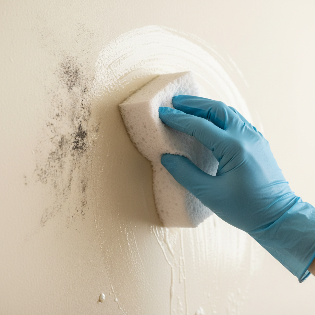 A close-up, dynamic shot of a light-colored wall undergoing cleaning. The left side of the frame shows a clear section of the wall marred by various dark spots: a patch of black mold, some grey soot marks, and a general dinginess. From the right, a gloved hand firmly holds a cleaning sponge or cloth, actively wiping away a portion of these stains. The area where the hand has passed is visibly cleaner and brighter, showcasing the effective removal of the blemishes. The image captures the satisfying process of restoration. Professional photo, bright, natural lighting, and a shallow depth of field to focus on the action.