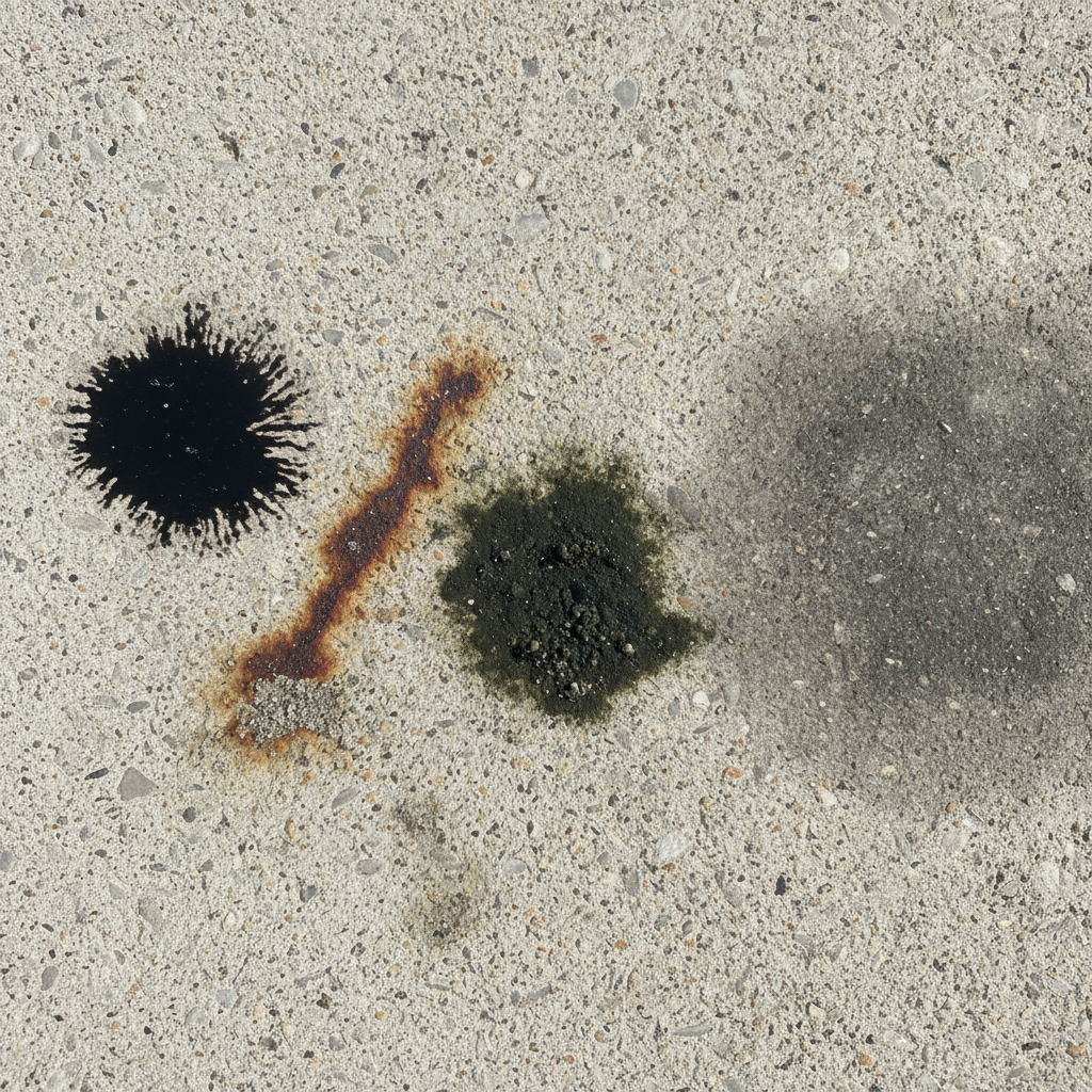 A top-down, slightly angled view of a section of weathered concrete, such as a patio or driveway. The surface clearly displays several distinct dark blemishes: a circular, oily black stain, a reddish-brown rust mark, a patch of dark greenish-black organic growth resembling mold or algae, and a diffused, dark gray area suggesting a water or general grime stain. The concrete surrounding the stains is light gray and slightly textured. Style: Realistic, high-quality outdoor photography with natural lighting, emphasizing the varying textures and colors of the stains.
