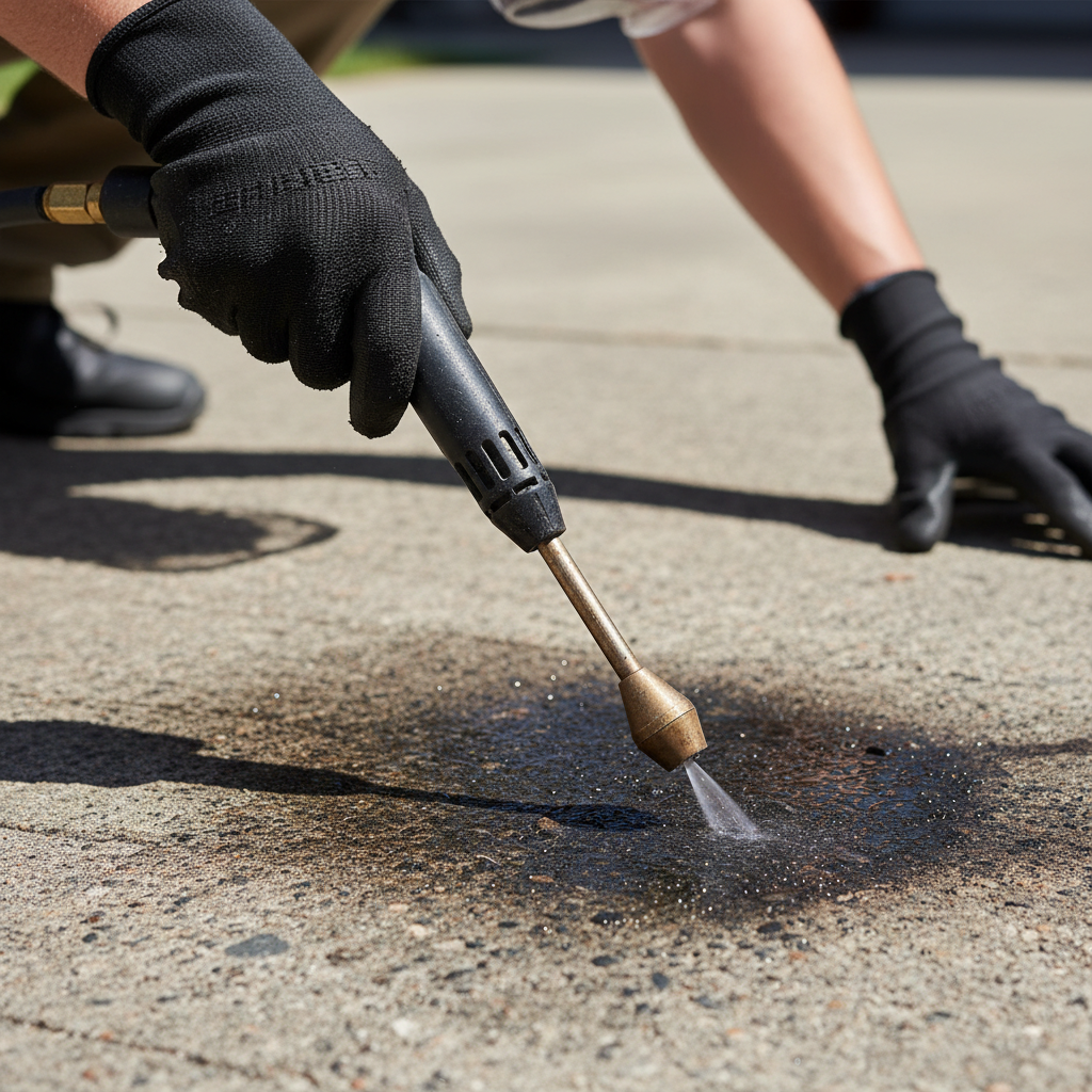 A close-up, action-oriented shot of a person's gloved hands actively engaged in preparing to clean a dark stain on a concrete surface. One hand, wearing a sturdy work glove, is holding a stiff-bristled brush or the nozzle of a pressure washer, positioned just above a visible dark discoloration on the concrete. The other hand might be reaching for a generic, unlabeled cleaning tool or container out of frame. Protective eyewear is subtly visible on the person's face (top of head). The concrete surface is well-lit, conveying readiness for action. Style: Professional, clean photo with a slight shallow depth of field, focusing on the hands and the task at hand.