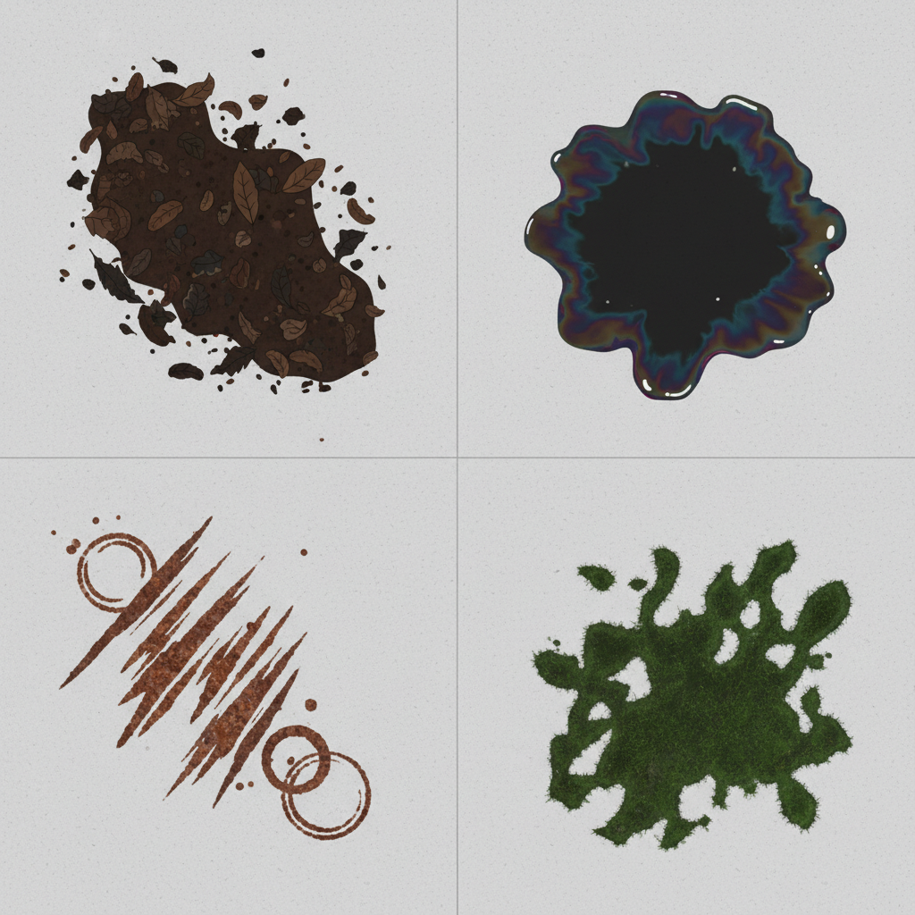 A detailed flat illustration depicting a light grey concrete surface horizontally divided into four distinct sections. Each section visually represents a common cause of dark stains: one shows dark, decaying leaves and soil, another features a prominent dark oil spill from a vehicle, a third displays reddish-brown rust marks from a metallic object, and the fourth illustrates dark green moss and algae growth spreading across the surface. The concrete should have a subtle texture, and the stains should be clearly differentiated and realistically rendered in their respective colors and forms. The overall style is clean, informative, and visually segmented.