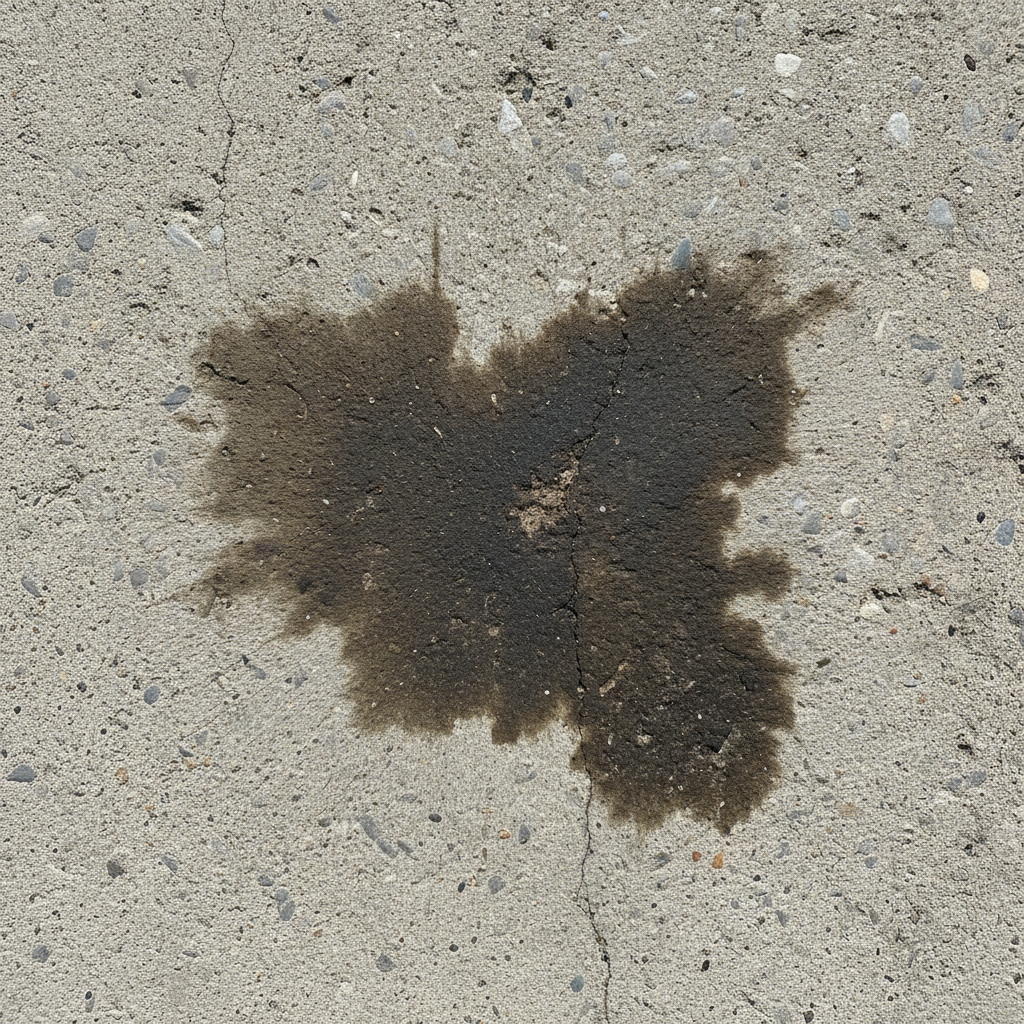 A professional, high-angle close-up photograph focusing on a problematic dark stain on an outdoor concrete patio or driveway. The stain is large, irregular, and appears deeply absorbed into the porous, light grey concrete, characterized by a dark brownish-black hue. The concrete surface shows slight imperfections and texture, emphasizing its outdoor nature. The lighting should highlight the contrast between the clean concrete and the persistent, unsightly stain, conveying a sense of a stubborn cleaning challenge without any people or cleaning tools in frame.