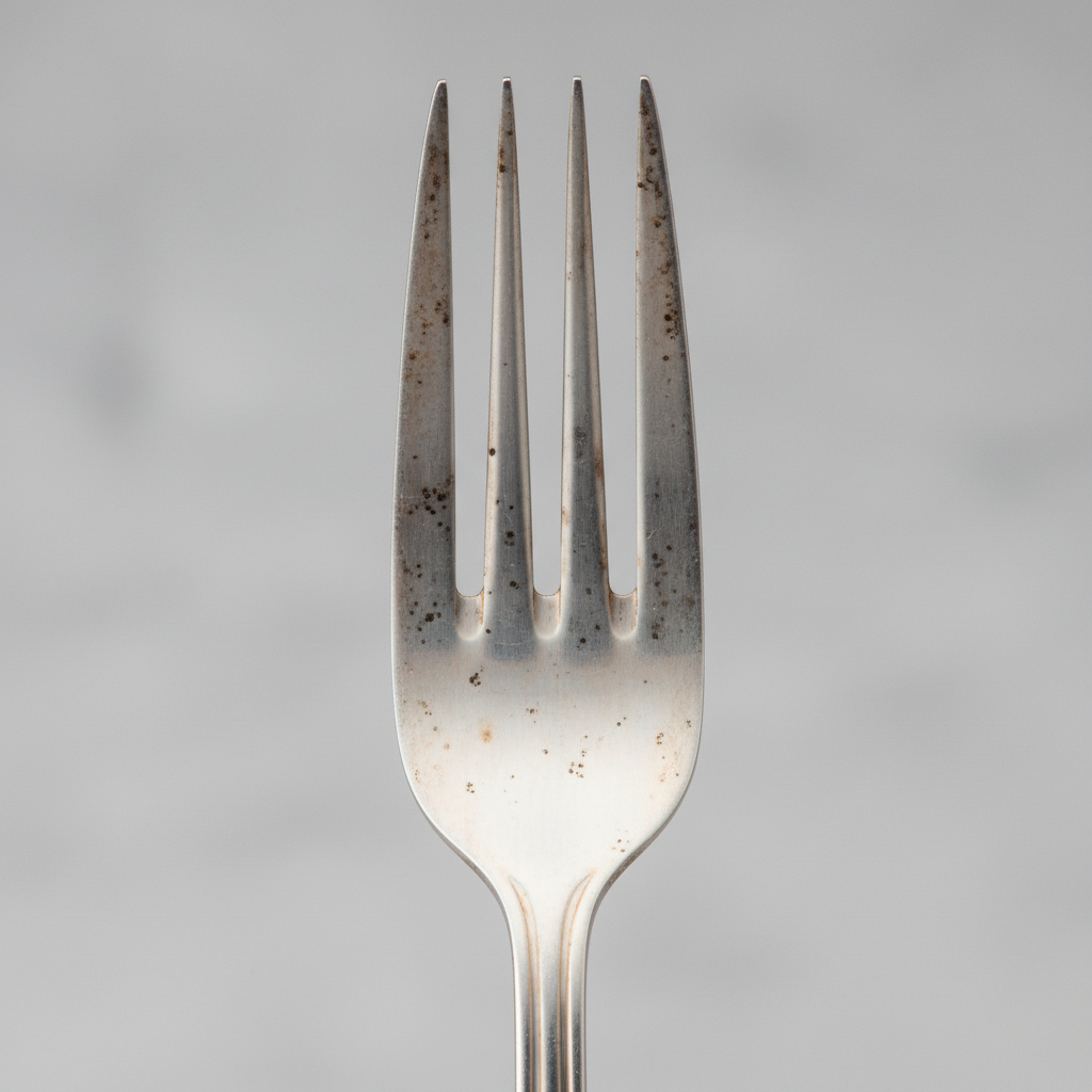 A close-up, high-quality product photo of a shiny stainless steel fork or spoon, marred by various dark spots, streaks, and subtle dull patches. The imperfections should be clearly visible on the metal surface, contrasting sharply with the inherent gleam of the stainless steel. The image captures the frustrating reality of discolored cutlery, set against a soft, neutral background that highlights the object without distraction. The focus is entirely on the visual representation of the problem, with light reflecting gently off the tarnished areas.