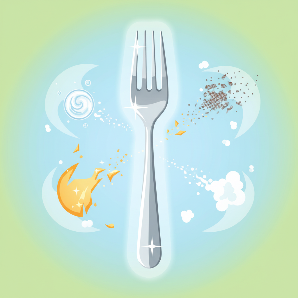 A vibrant flat illustration showcasing a perfectly clean, gleaming stainless steel spoon or fork, its surface reflecting light brightly. Surrounding the pristine utensil, abstract and stylized visual elements represent common causes of stains being gently repelled or prevented. These could include a stylized drop of water with mineral patterns, a small, abstract acid splash, or a hint of abrasive texture, all dissolving away from the cutlery. The overall composition conveys effective cleaning and prevention, emphasizing the restoration of shine and the protective action against discoloration.