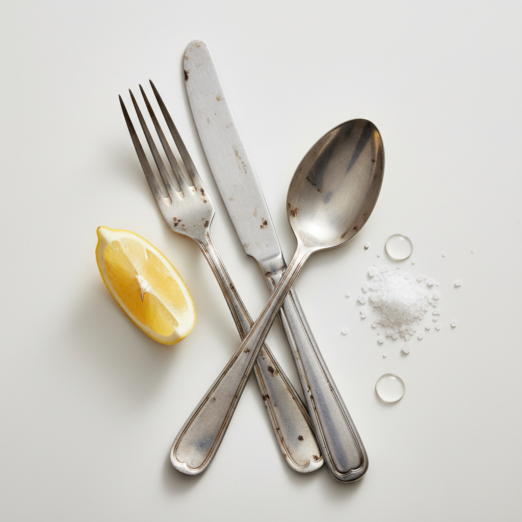 A close-up, high-angle professional photo of various stainless steel cutlery pieces (fork, knife, spoon) laid out on a clean, light surface. Several pieces exhibit distinct dark spots, streaks, and a general dullness on their metallic surfaces, contrasting with the parts that remain shiny. Surrounding the cutlery are subtle, artfully arranged elements representing common causes: a wedge of lemon, a scattering of salt crystals, and a few water droplets, all visually hinting at the culprits behind the tarnishing. The lighting is soft but highlights the imperfections.