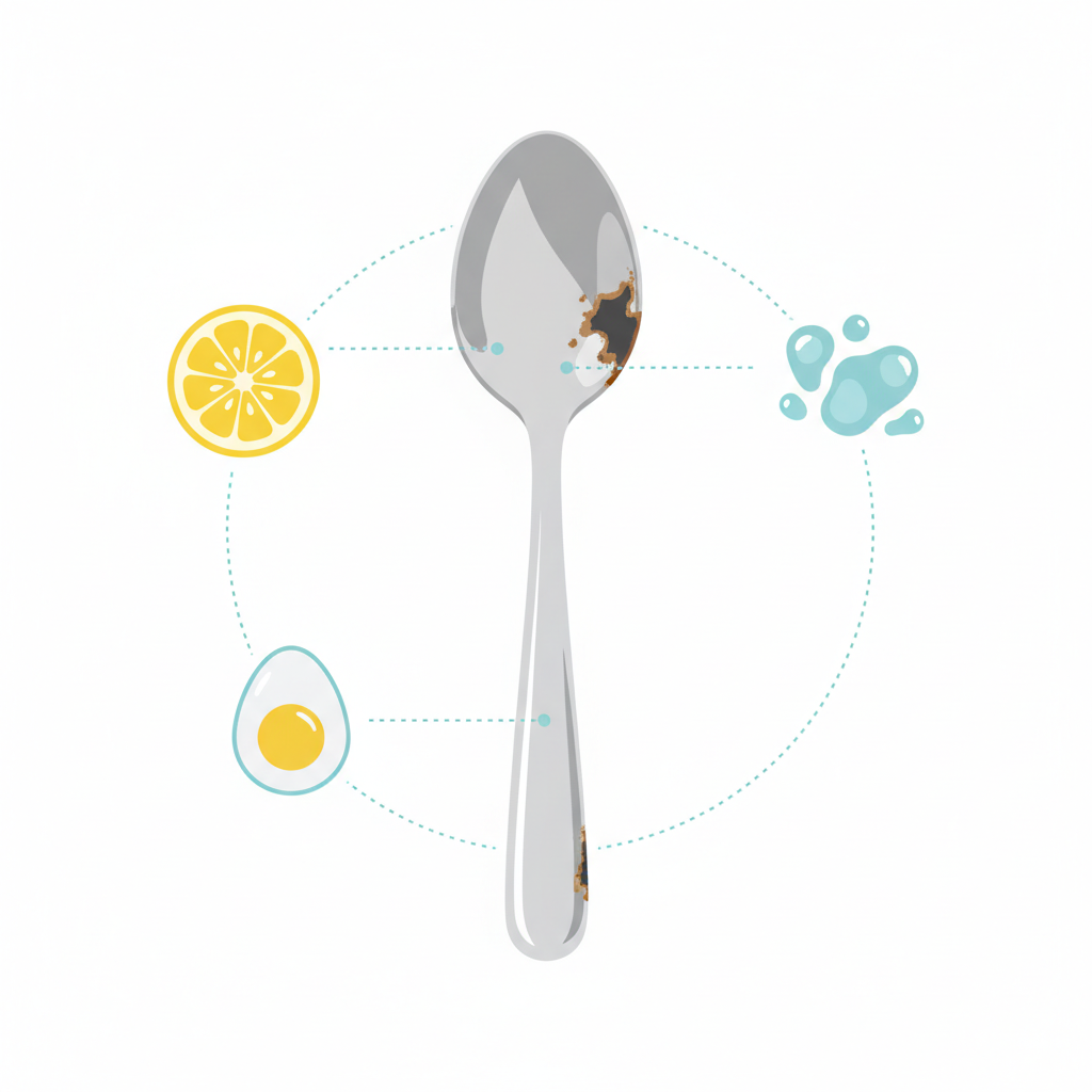 A modern flat illustration depicting a stylized stainless steel knife or spoon as the central focus. Its surface shows subtle dark spots and areas of discoloration. Around the cutlery piece, three distinct, minimalist icons float: one representing a cut lemon slice (for acids), another showing stylized mineral deposits or water droplets (for hard water), and a third depicting an egg. Each icon subtly connects to the cutlery, illustrating the contributing factors to the dark spots in a clean, infographic-inspired visual style with a bright, inviting color palette.