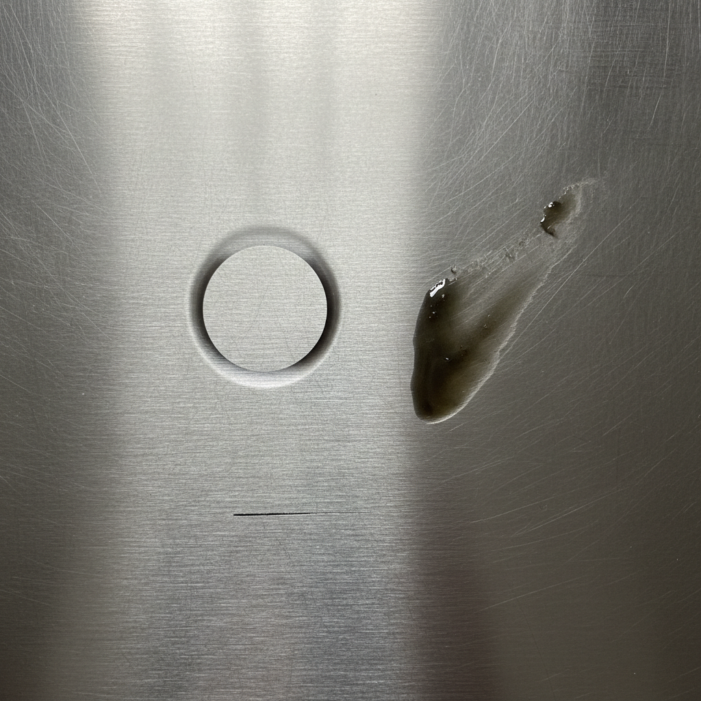 A detailed, close-up professional photo of a stainless steel kitchen countertop or sink surface. The surface exhibits various distinct dark imperfections: a prominent dark water stain ring, a smudged dark grease mark, and a small, subtle dark streak indicative of metal abrasion. The stainless steel itself should reflect light cleanly, highlighting the contrast with the unsightly, localized dark spots. The composition emphasizes the challenge of maintaining pristine stainless steel.