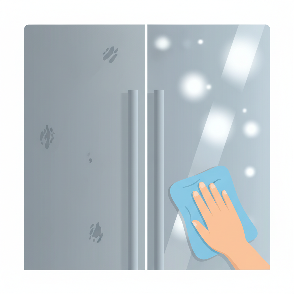 A clean, modern flat illustration depicting a 'before and after' scenario for a stainless steel appliance surface, like a refrigerator door or an oven panel. The left side shows a dull, slightly discolored stainless steel surface with a few noticeable dark smudges and watermarks. The right side shows the same appliance surface gleaming brightly, completely free of any dark spots and reflecting ambient light. A hand holding a soft cleaning cloth is partially visible on the right, suggesting the cleaning action that led to the spotless result.