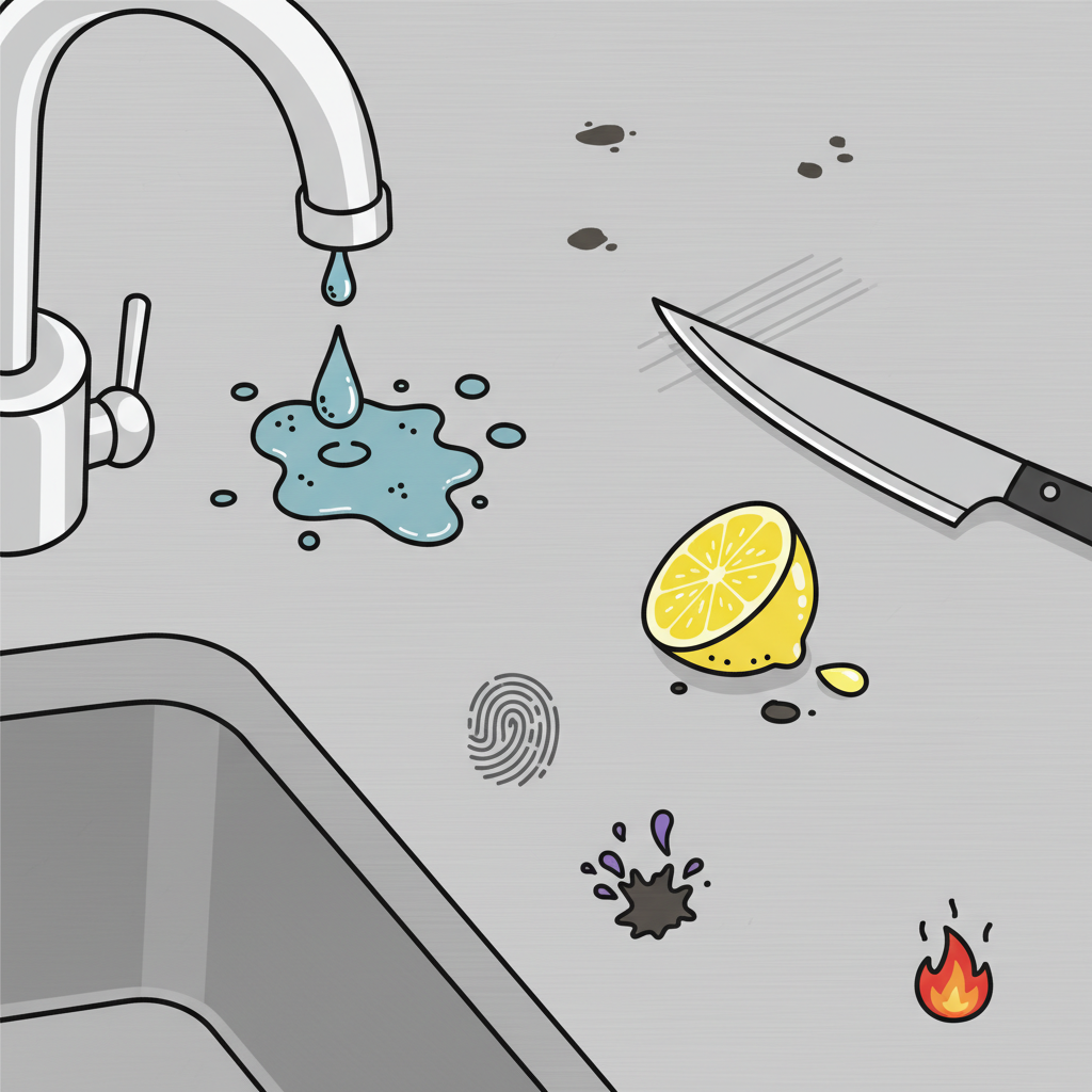 A detailed flat illustration depicting a close-up section of a stainless steel kitchen sink or countertop. The surface displays several distinct, small dark stains, each visually linked to its common cause. Surrounding the steel are stylized elements: a dripping faucet forming a water stain, a faint metallic streak left by a knife, a halved lemon with a drop of juice, a tiny splash representing a harsh chemical, a small, subtle scorch mark from heat, and a greasy fingerprint. The illustration utilizes a clean, modern aesthetic with clear visual cues.