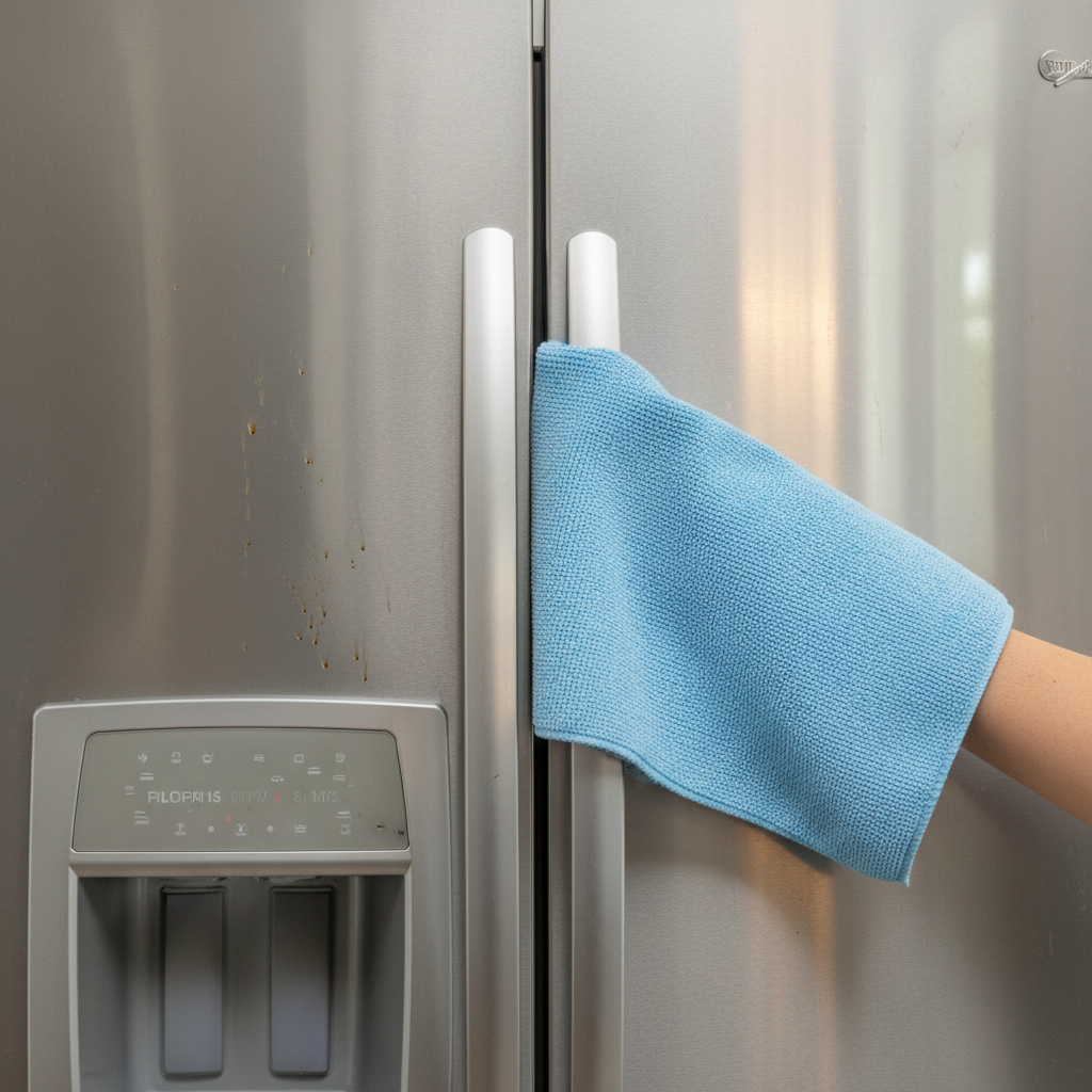 A high-resolution, professional photo showcasing a stark 'before and after' comparison on a stainless steel appliance door. The left half of the image presents a dull, tarnished stainless steel surface, visibly marked by various dark water spots, smudges, and fingerprints, appearing unreflective. The right half features the identical surface, now sparkling clean, highly polished, and reflecting ambient light brilliantly, completely free from any imperfections. A soft, clean microfibre cloth is partially visible, subtly transitioning across the boundary, implying the restorative cleaning process.
