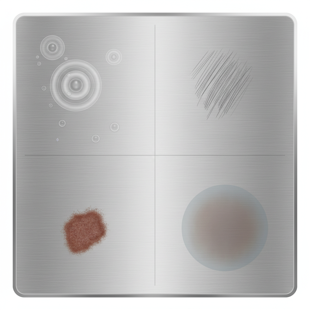A close-up, top-down view of a pristine, brushed stainless steel kitchen counter or sink. The surface is conceptually divided into several distinct areas, each depicting a common cause of dark spots. One section shows evaporating water droplets leaving faint, dark mineral rings. Another section illustrates subtle, tiny dark streaks resembling residue from metal abrasion. A third area has a small, reddish-brown spot signifying rust. A fourth area displays a slightly bluish or brownish discoloration from heat. The overall style is a clean, modern infographic illustration, using subtle visual cues to represent the different causes without being cluttered.