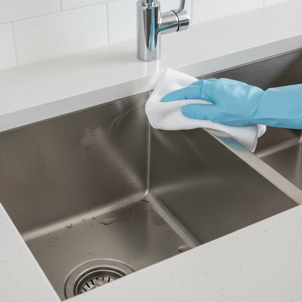 A close-up, professional photo of a modern stainless steel kitchen sink. One half of the sink bowl clearly shows several distinct dark, irregular stains, water marks, and minor discolorations on the polished surface. On the other half, a clean hand, wearing a light blue cleaning glove, is actively wiping a previously stained area with a soft white microfibre cloth, revealing a sparkling, perfectly clean stainless steel surface underneath. A subtle sheen or light reflection highlights the contrast between the stained and cleaned areas, emphasizing the effectiveness of the cleaning action.
