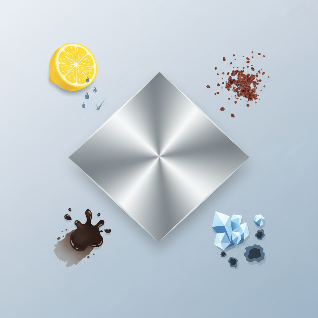 An infographic-style illustration showcasing various common causes of dark stains on stainless steel. In the central foreground, a section of pristine, reflective stainless steel is visible. Around and interacting with this surface, several distinct, stylized visual elements represent the causes: a falling lemon slice with tiny acid droplets, a few reddish-brown iron filings, a splattering of grease, and a stylized mineral crystal formation. Each element makes contact with the stainless steel, and at the point of contact, subtle, dark, small blemishes or discolorations are depicted forming on the surface, illustrating the damaging effect without being overly graphic.