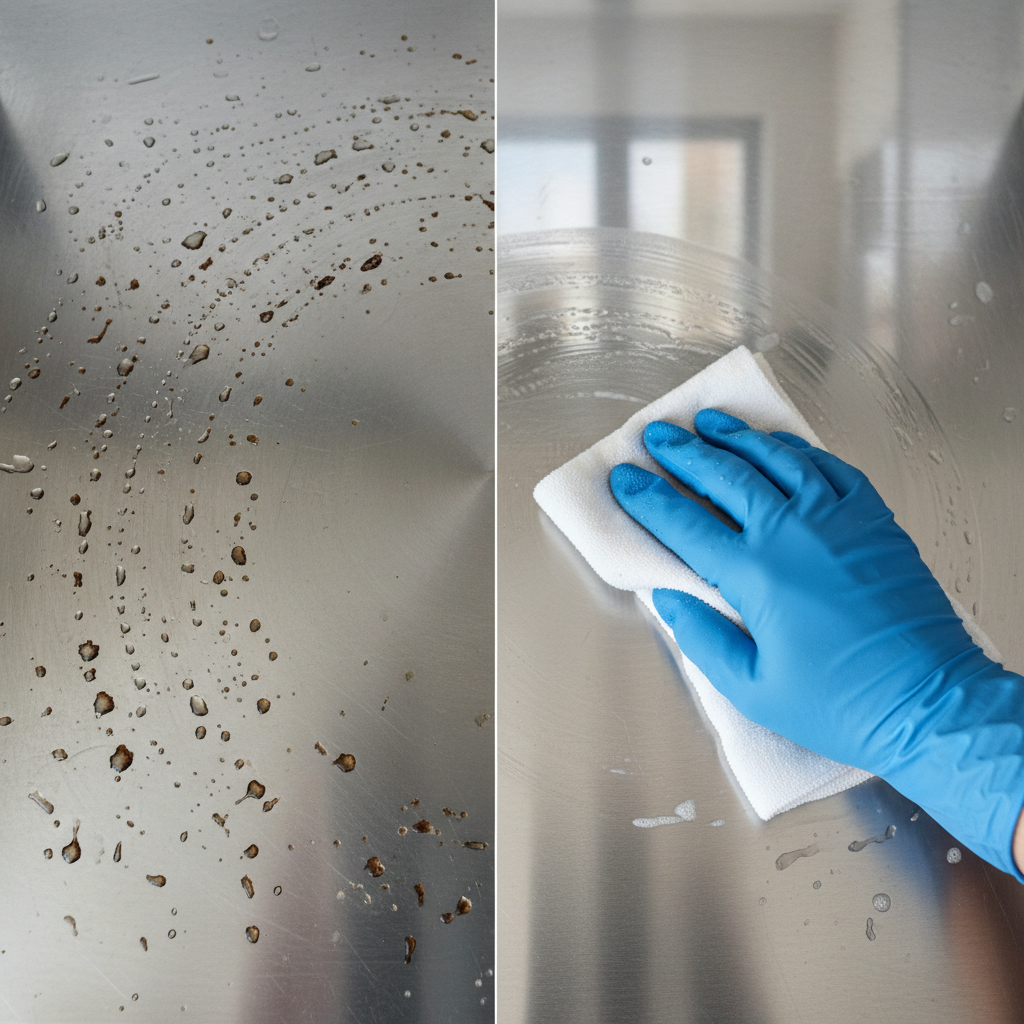 A dynamic, professional eye-level photo focusing on a section of a stainless steel kitchen sink or appliance. One half of the stainless steel surface is visibly marred by various dark spots, streaks, and dullness, indicative of accumulated stains. A human hand, wearing a protective glove, is actively engaged in cleaning the other half of the surface with a soft cloth or sponge, leaving a sparkling, perfectly clean, and reflective finish. The contrast between the dirty and clean areas is stark and visually appealing, emphasizing effective restoration. The scene should convey cleanliness and effectiveness.