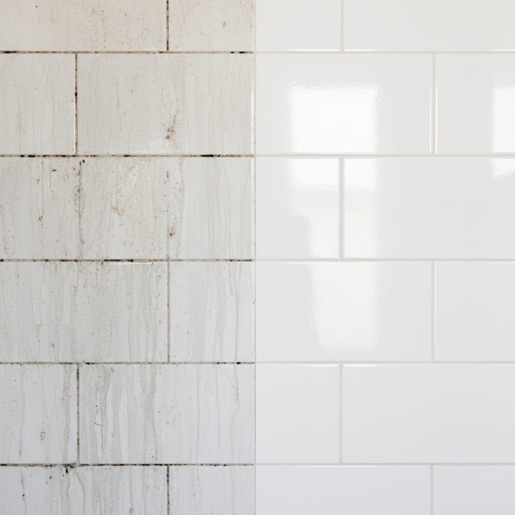 A professional, high-resolution photo showcasing a bathroom or kitchen tiled wall divided vertically. The left side displays a section of ceramic tiles with visibly dark, stubborn stains, including dull grey soap scum streaks, dark mold spots in the grout lines, and minor general grime. The right side of the division shows the exact same tiled area, now sparkling clean, with gleaming surfaces reflecting light and bright, pristine grout lines. The contrast should be stark, highlighting a successful cleaning transformation.
