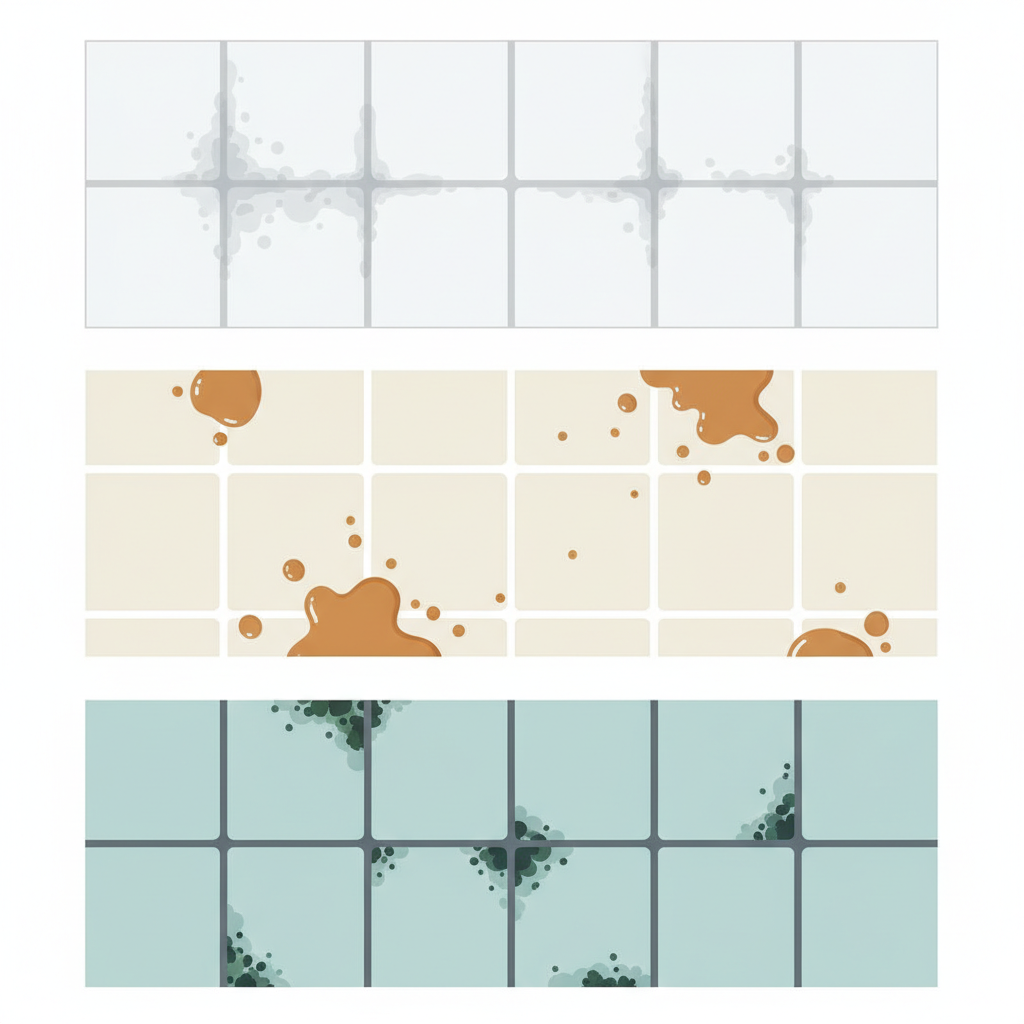 A clean, professional flat illustration in an infographic style, depicting a grid of three distinct tile sections. The first section shows white bathroom tiles with subtle, greyish soap scum residue building up, especially noticeable along the grout lines. The second section features kitchen tiles, with light brown, slightly oily splatters representing grease and food residue. The third section illustrates tiles in a damp corner, with small, dark green or black mold spots clustered in the grout and slightly on the tile surface. Each section should clearly differentiate the type of stain.