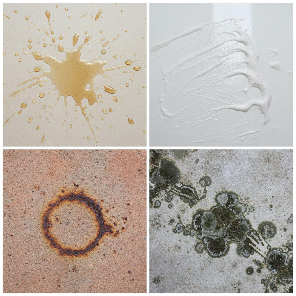 A stylized, professional photo showing a close-up grid of four distinct tile sections. Each section features a different dark stain type: a light-colored kitchen tile with grease splatters, a glossy white bathroom tile with milky soap scum streaks, a terracotta outdoor tile with a rusty ring stain from a metal object, and a grey balcony tile with dark green/black mold spots. The tiles should have slightly different textures and colors to represent their typical environments, emphasizing the variety of stains discussed in the article, conveying the common challenges before cleaning.